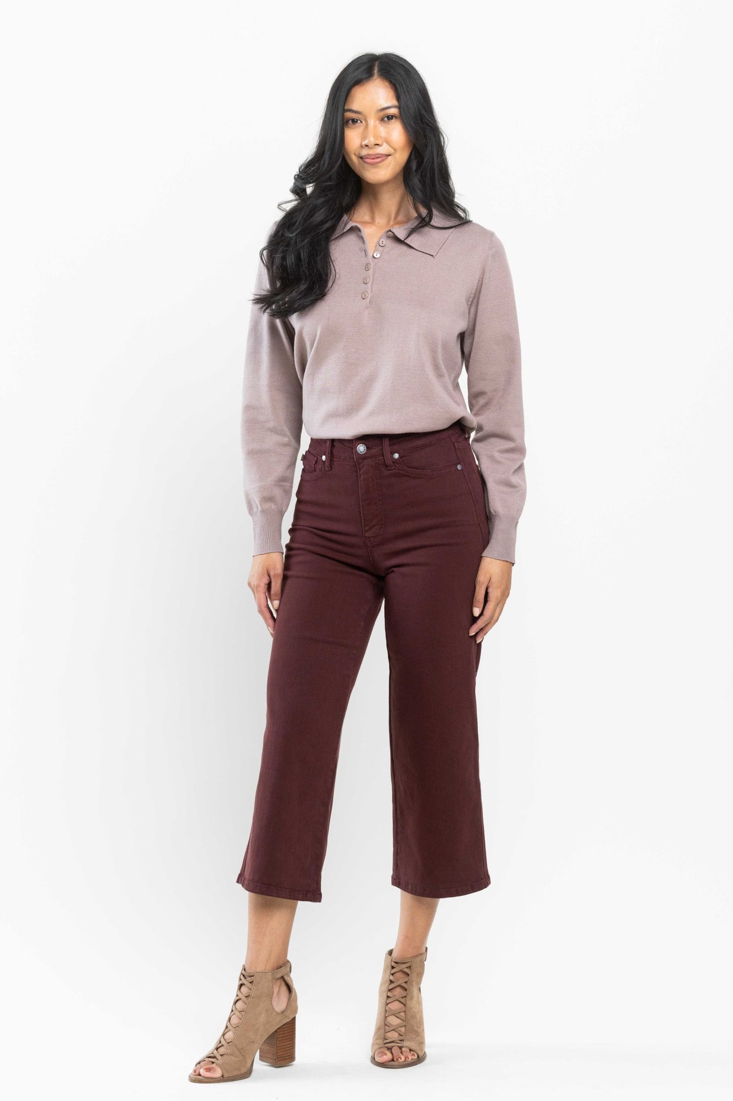 Judy Blue Tummy Control Dark Wine Cropped Wide Leg Jeans-200 Jeans- Simply Simpson's Boutique is a Women's Online Fashion Boutique Located in Jupiter, Florida