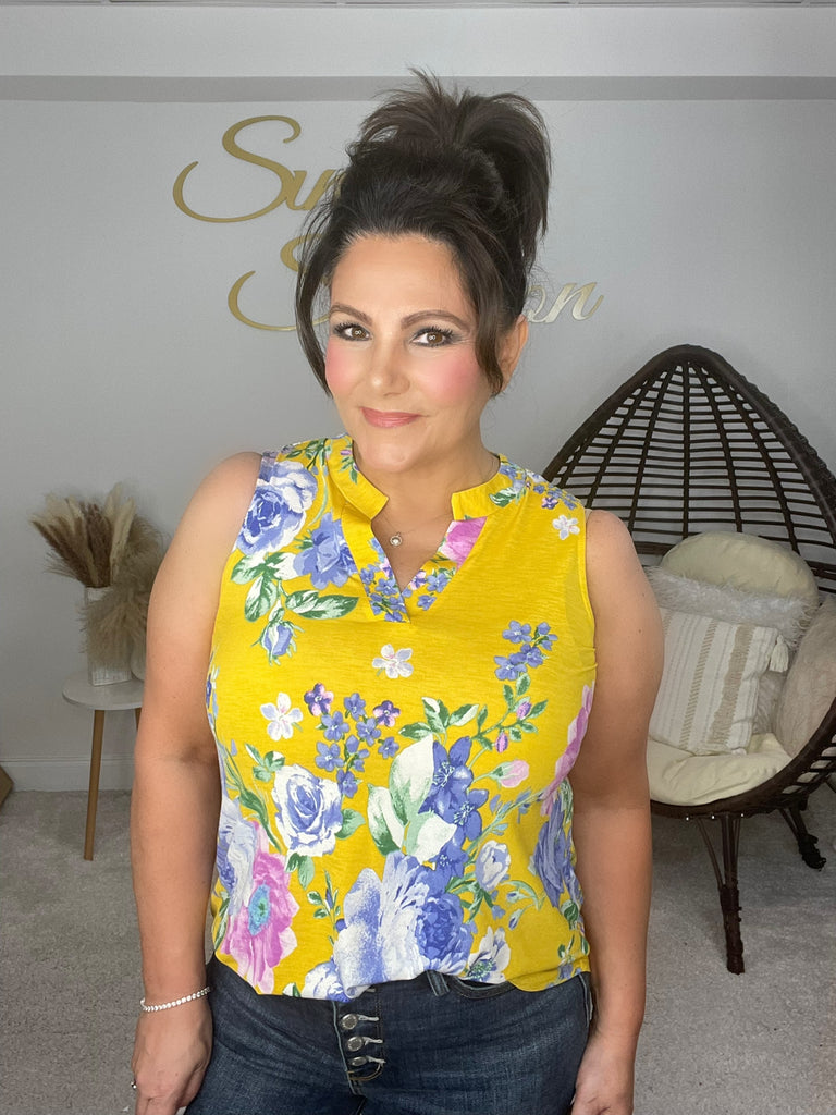 Dear Scarlett Yellow/Lavender Sleeveless Top-120 Sleeveless- Simply Simpson's Boutique is a Women's Online Fashion Boutique Located in Jupiter, Florida