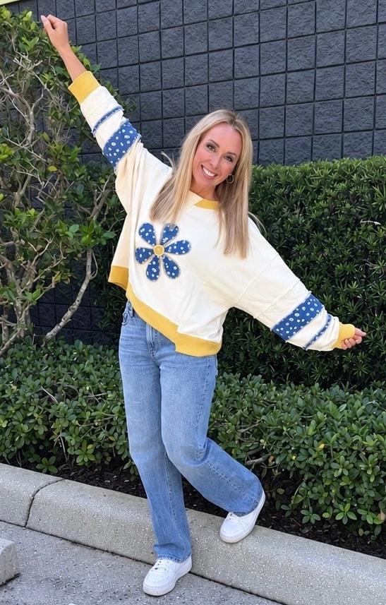 Daisy Denim Sweatshirt-160 Sweatshirts- Simply Simpson's Boutique is a Women's Online Fashion Boutique Located in Jupiter, Florida