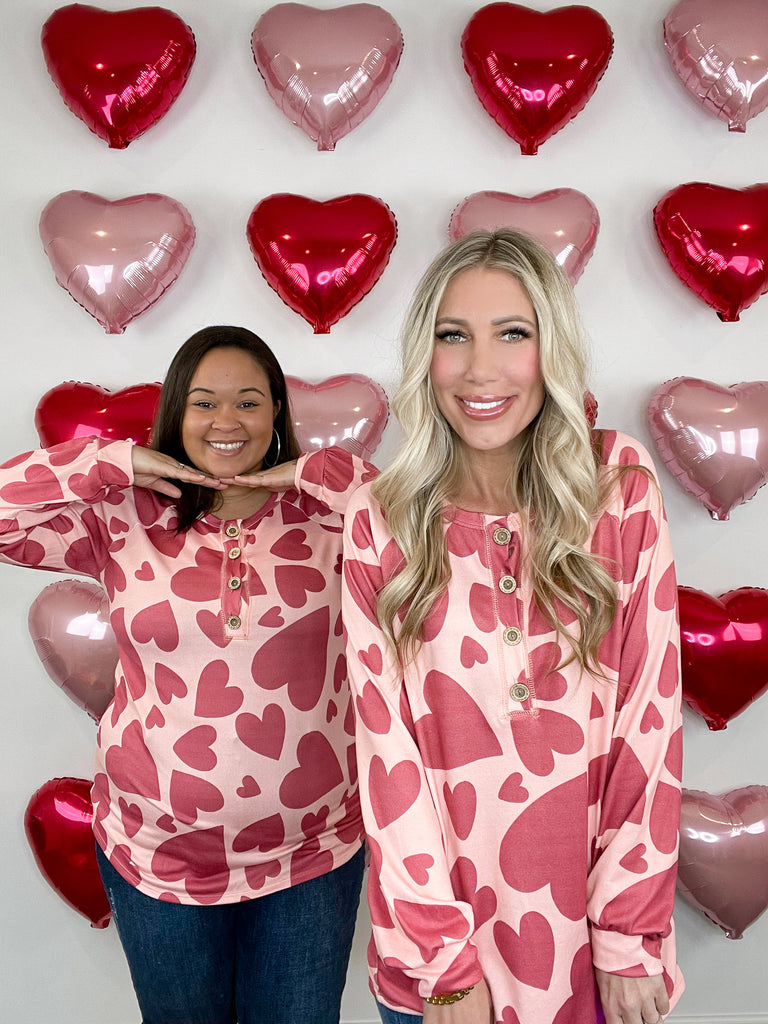 Heart Print Button Up Long Sleeve Top-110 Long Sleeves- Simply Simpson's Boutique is a Women's Online Fashion Boutique Located in Jupiter, Florida