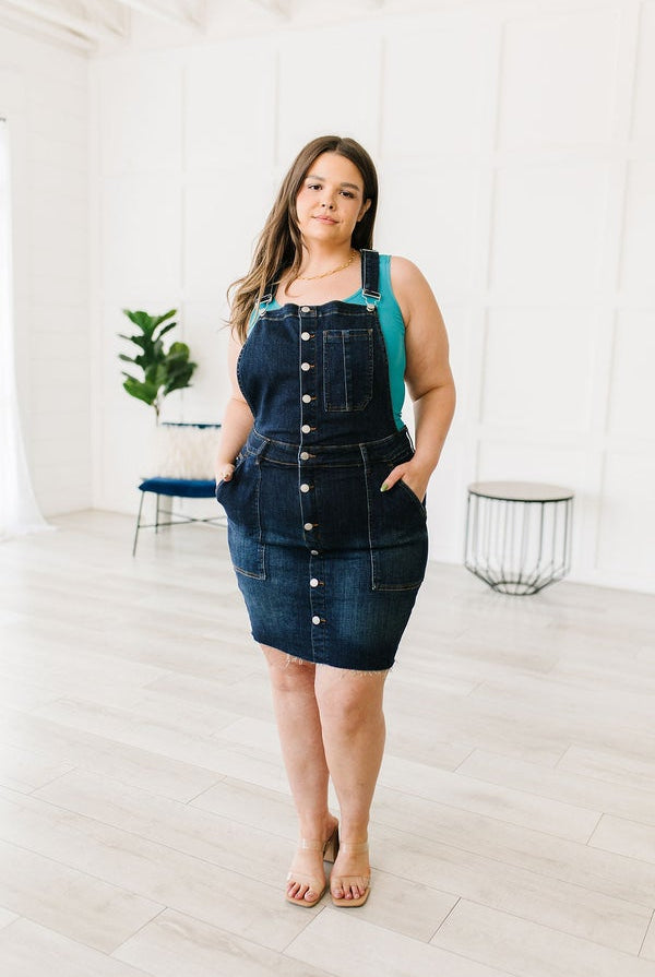Judy Blue Dark Wash Overall Skirt-190 Skirts/Shorts- Simply Simpson's Boutique is a Women's Online Fashion Boutique Located in Jupiter, Florida