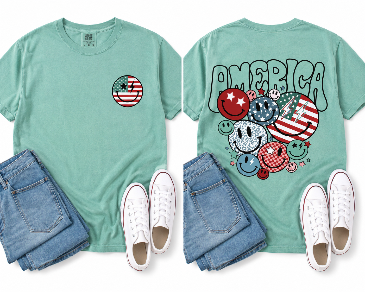 Preorder USA Smiley Collage Graphic Tee-140 Graphic Tees- Simply Simpson's Boutique is a Women's Online Fashion Boutique Located in Jupiter, Florida