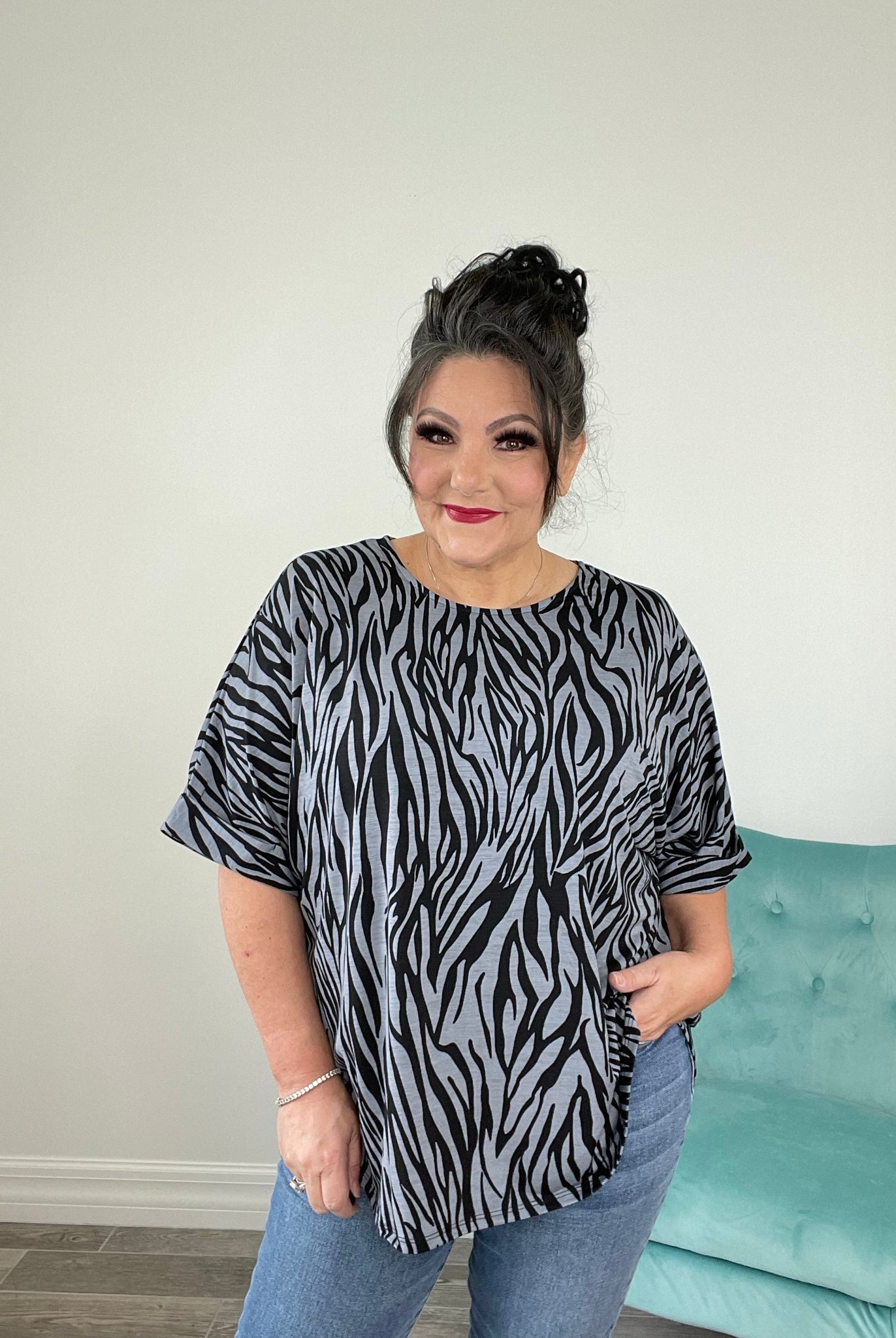Dear Scarlett Black Grey Zebra Print Boyfriend Top-110 Long Sleeves- Simply Simpson's Boutique is a Women's Online Fashion Boutique Located in Jupiter, Florida