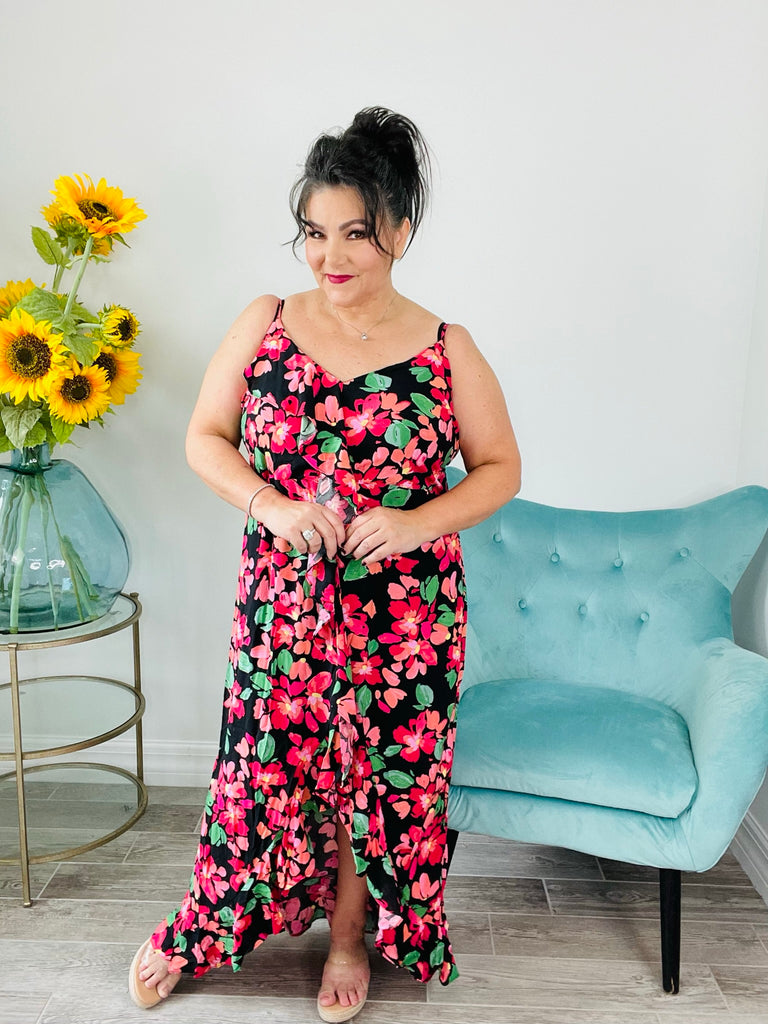 Black Floral Spaghetti Strap Dress-240 Dresses- Simply Simpson's Boutique is a Women's Online Fashion Boutique Located in Jupiter, Florida