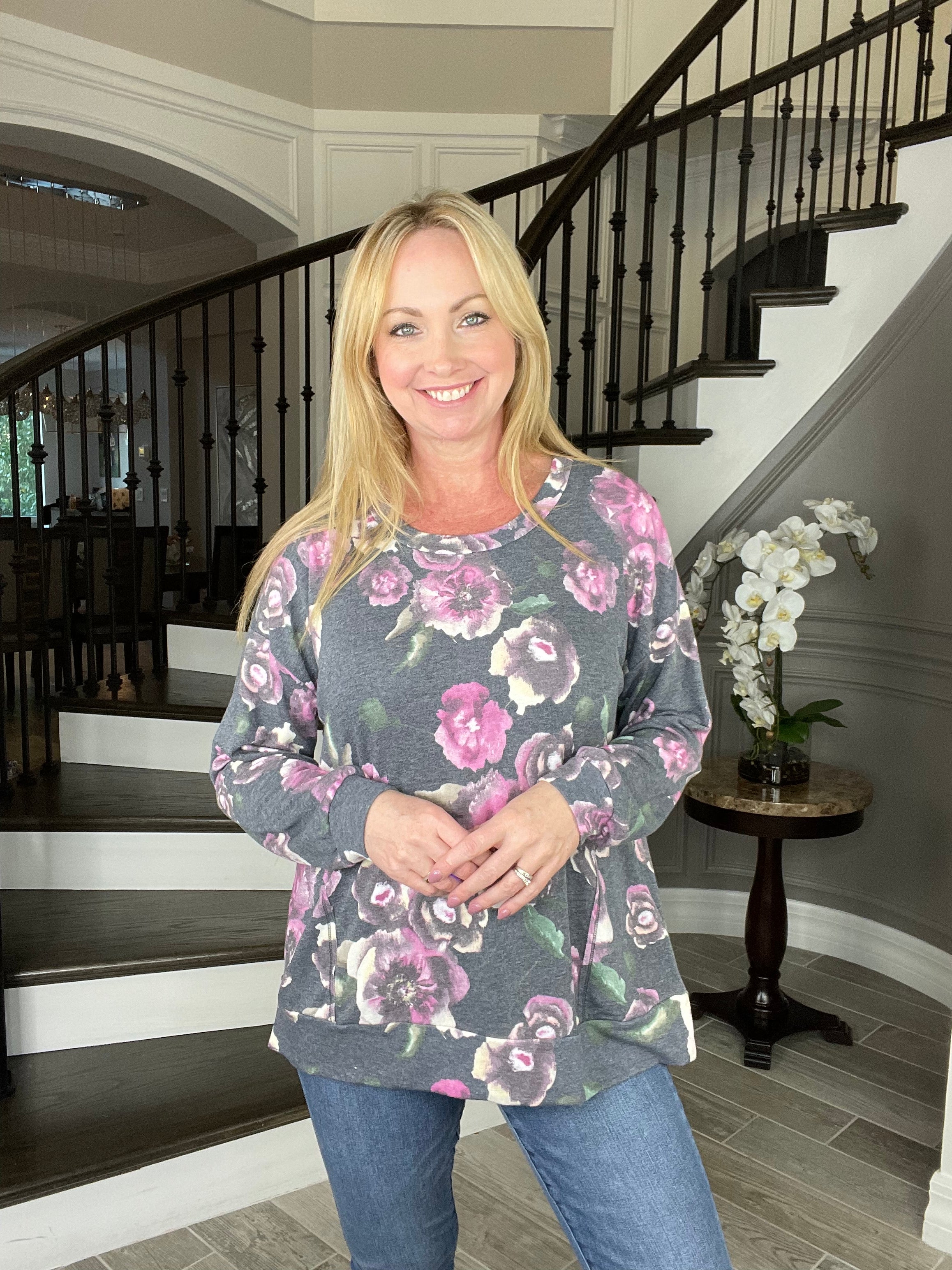 Dear Scarlett Charcoal Floral Long Sleeve Top-110 Long Sleeves- Simply Simpson's Boutique is a Women's Online Fashion Boutique Located in Jupiter, Florida