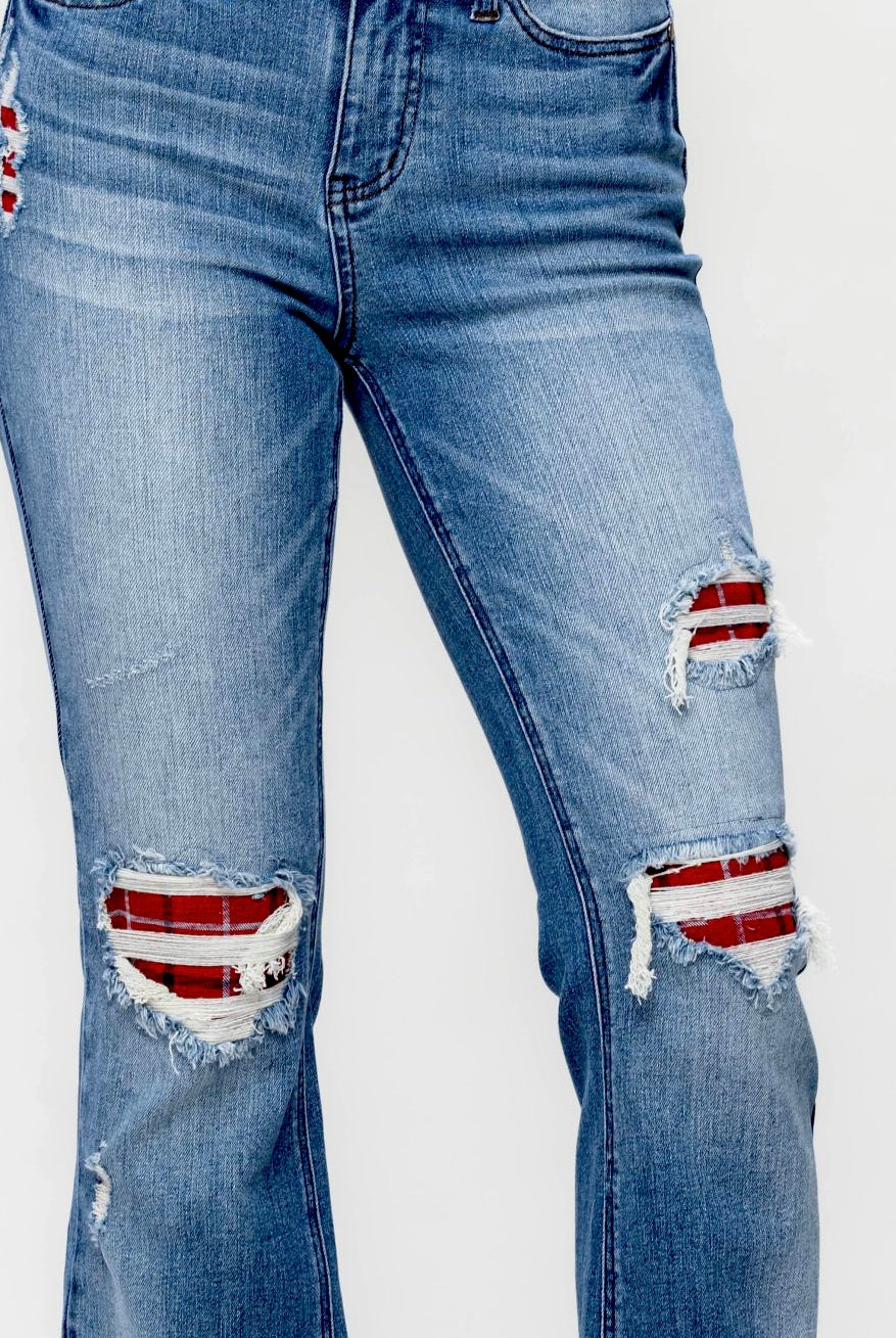 Judy Blue Plaid Patch Bootcut Jeans-200 Jeans- Simply Simpson's Boutique is a Women's Online Fashion Boutique Located in Jupiter, Florida