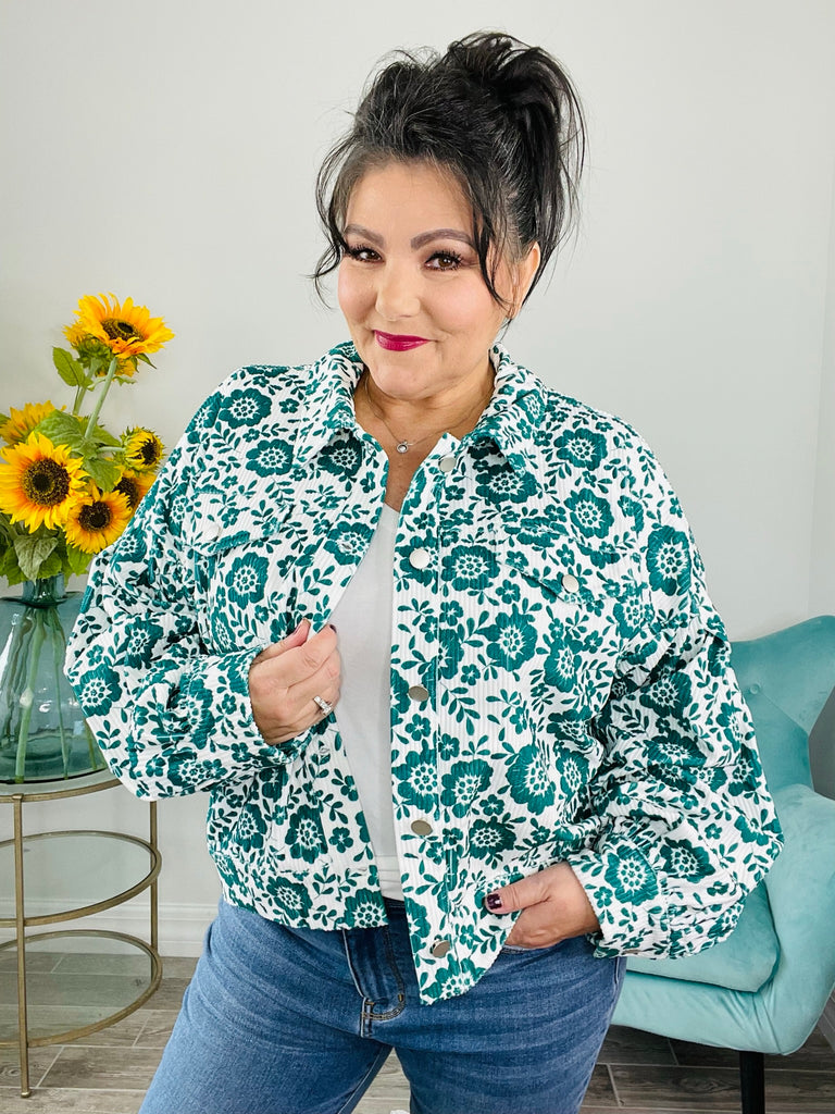 Kelly Green Floral Jacket-180 Outerwear/Jackets- Simply Simpson's Boutique is a Women's Online Fashion Boutique Located in Jupiter, Florida