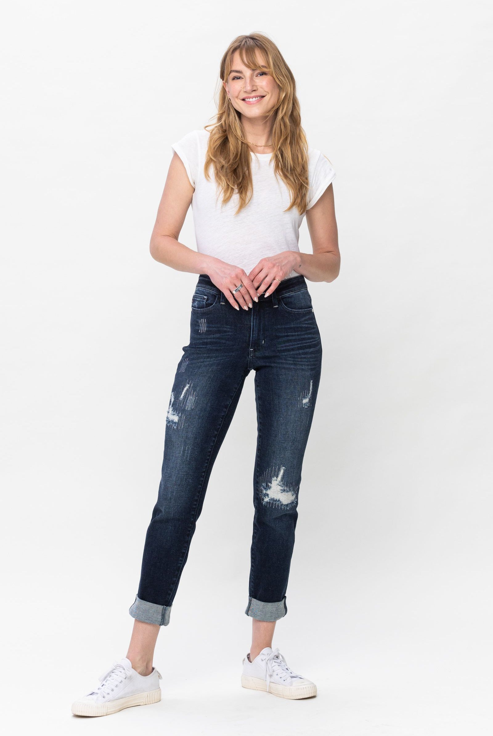 Judy Blue Mid Rise Dark Wash Distressed Boyfriend Jeans-200 Jeans- Simply Simpson's Boutique is a Women's Online Fashion Boutique Located in Jupiter, Florida