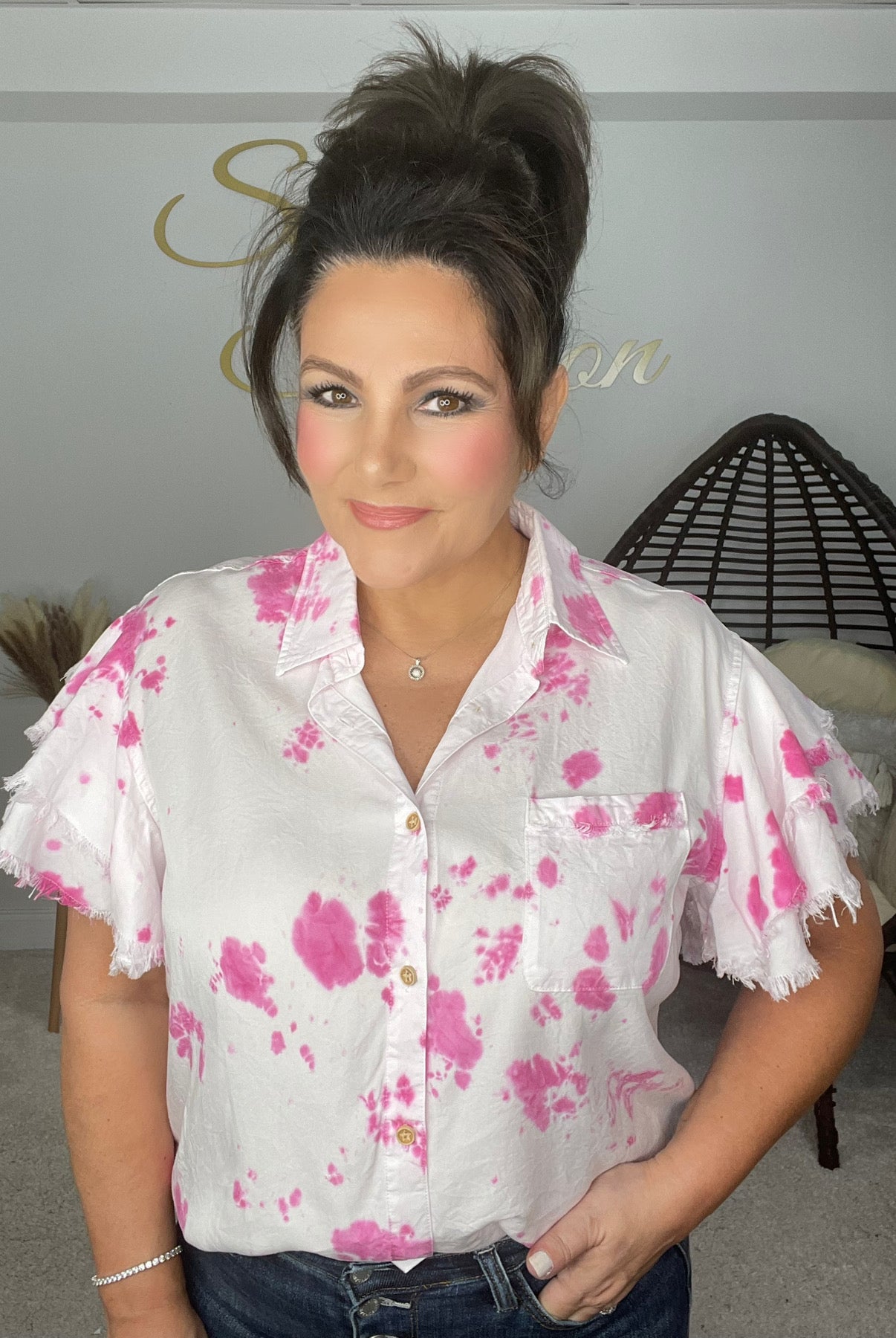 Pink Tie Dye Fray Sleeve Button Down Top-100 Short Sleeves- Simply Simpson's Boutique is a Women's Online Fashion Boutique Located in Jupiter, Florida