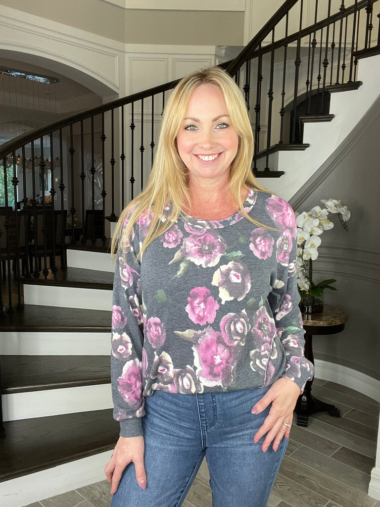 Dear Scarlett Charcoal Floral Long Sleeve Top-110 Long Sleeves- Simply Simpson's Boutique is a Women's Online Fashion Boutique Located in Jupiter, Florida