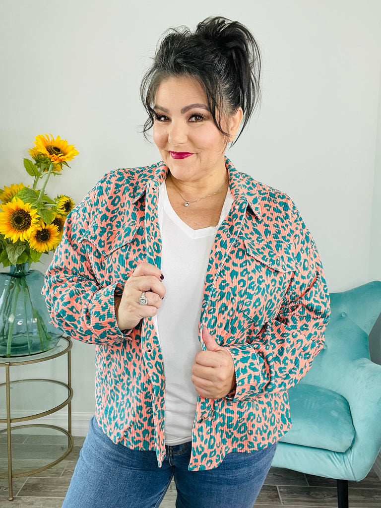 Teal/Coral Cheetah Print Jacket-Jackets- Simply Simpson's Boutique is a Women's Online Fashion Boutique Located in Jupiter, Florida