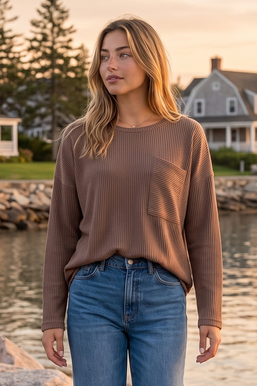 Dear Scarlett Hollis Ribbed Pocket Top-110 Long Sleeves- Simply Simpson's Boutique is a Women's Online Fashion Boutique Located in Jupiter, Florida