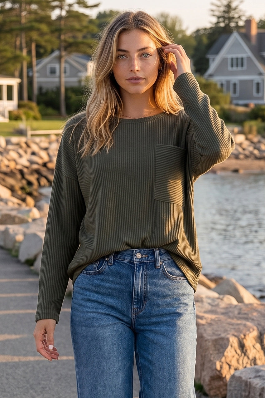 Dear Scarlett Hollis Ribbed Pocket Top-110 Long Sleeves- Simply Simpson's Boutique is a Women's Online Fashion Boutique Located in Jupiter, Florida