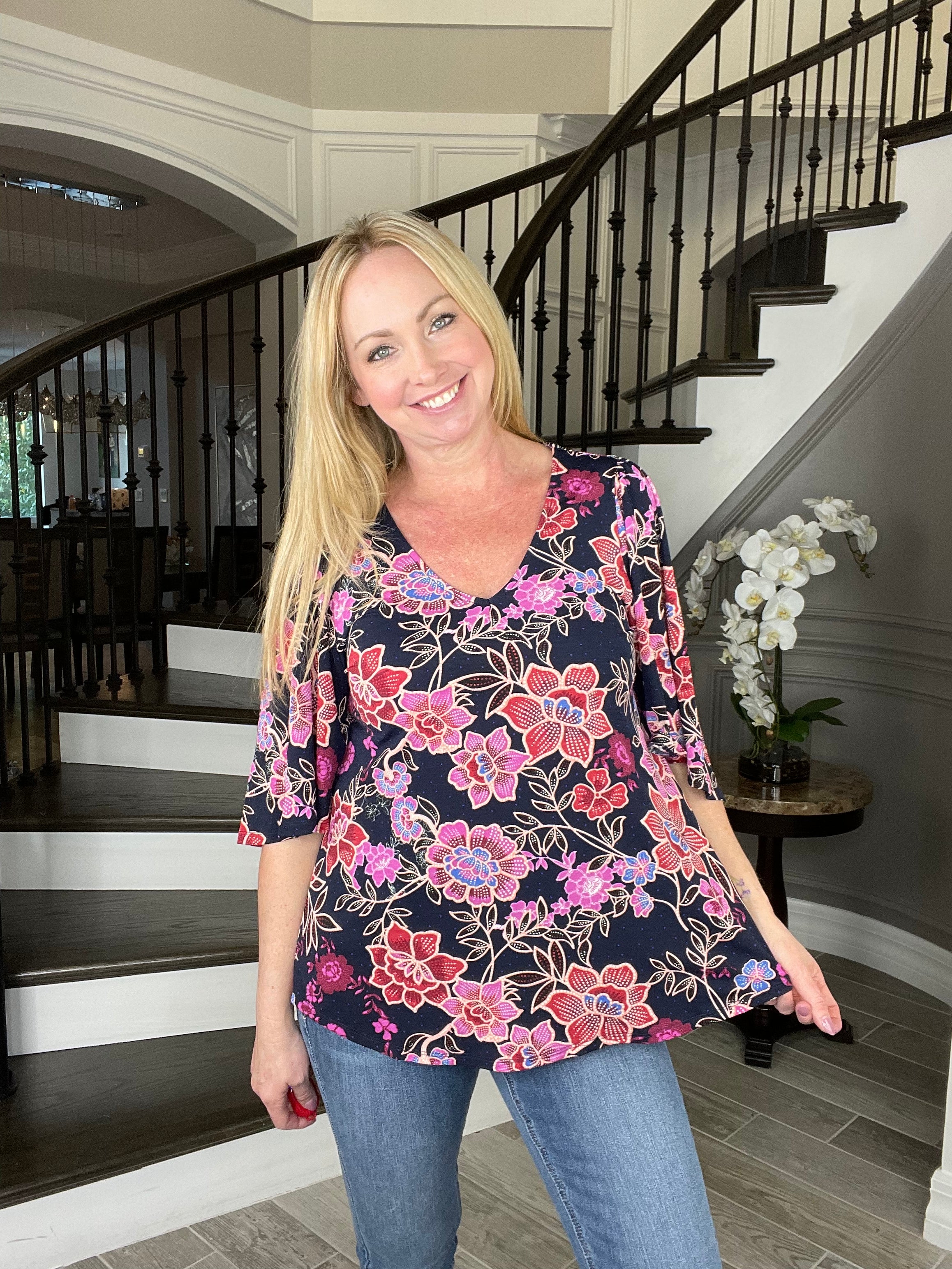 Dear Scarlett Navy Floral Drape Sleeve Top-100 Short Sleeves- Simply Simpson's Boutique is a Women's Online Fashion Boutique Located in Jupiter, Florida