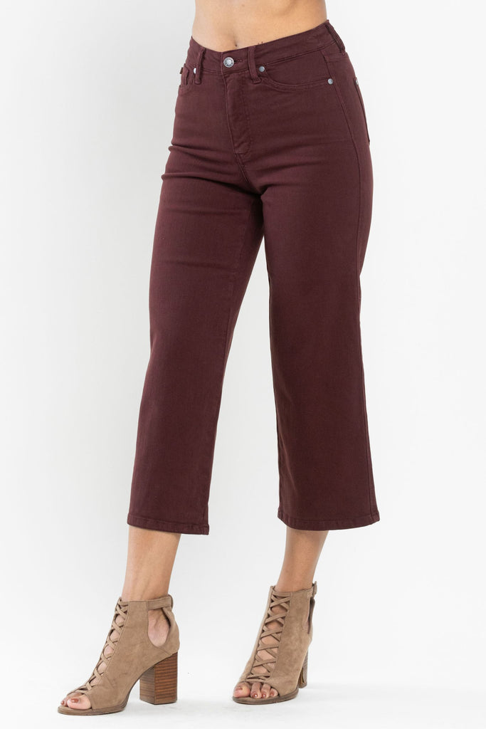 Judy Blue Tummy Control Dark Wine Cropped Wide Leg Jeans-200 Jeans- Simply Simpson's Boutique is a Women's Online Fashion Boutique Located in Jupiter, Florida