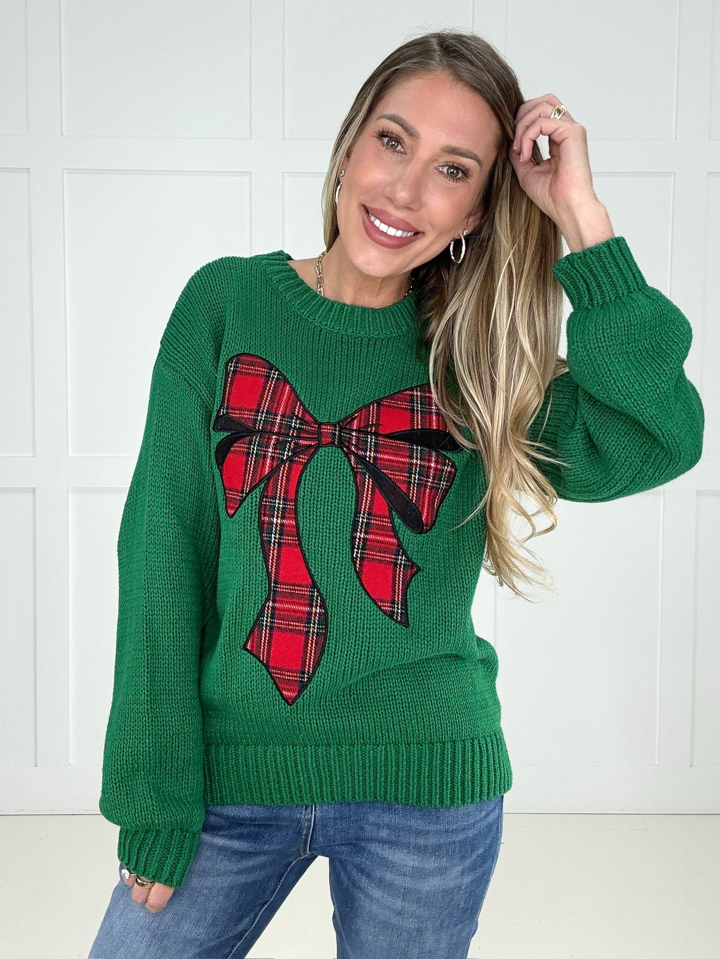 Holly Jolly Plaid Bow Sweater-150 Sweaters- Simply Simpson's Boutique is a Women's Online Fashion Boutique Located in Jupiter, Florida