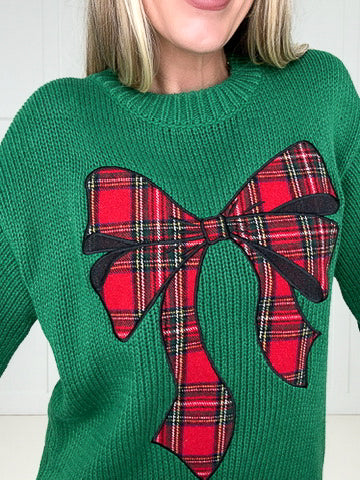 Holly Jolly Plaid Bow Sweater-150 Sweaters- Simply Simpson's Boutique is a Women's Online Fashion Boutique Located in Jupiter, Florida