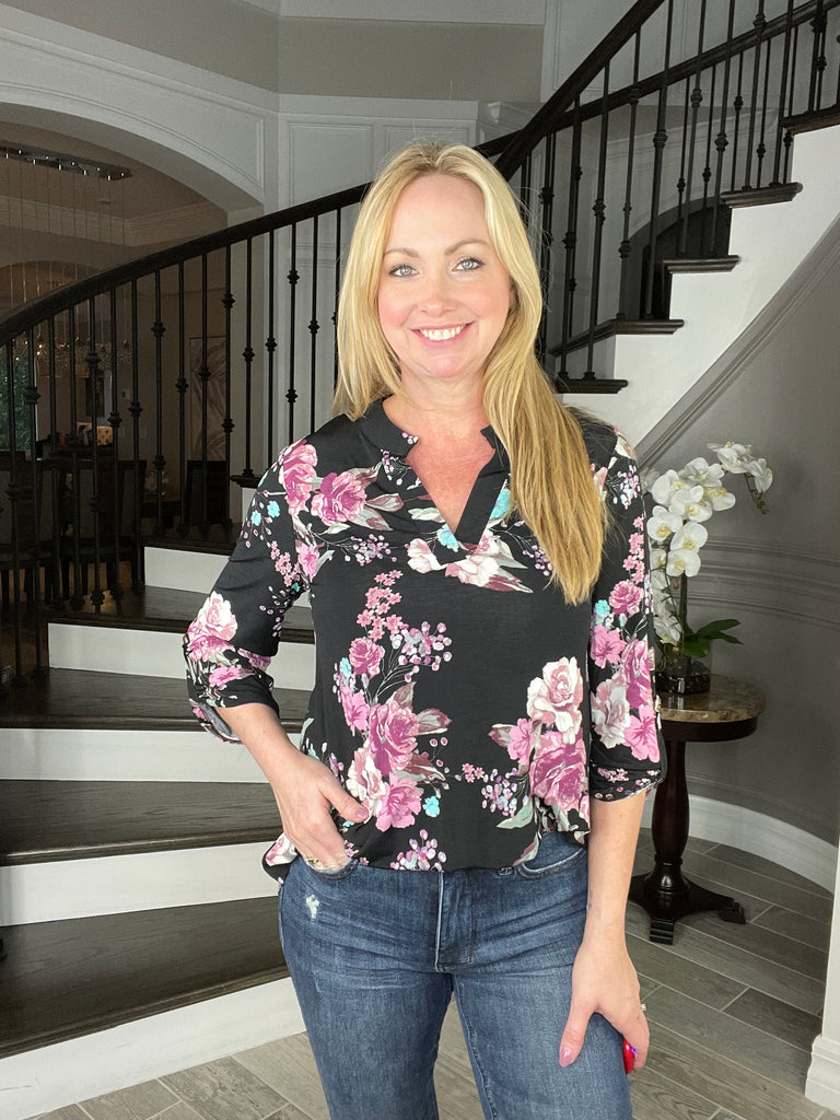 Dear Scarlett Black Floral Lizzy-110 Long Sleeves- Simply Simpson's Boutique is a Women's Online Fashion Boutique Located in Jupiter, Florida