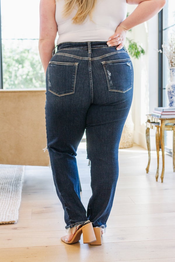 Judy Blue Mid Rise Heavy Distressed Straight Leg Jeans- Simply Simpson's Boutique is a Women's Online Fashion Boutique Located in Jupiter, Florida