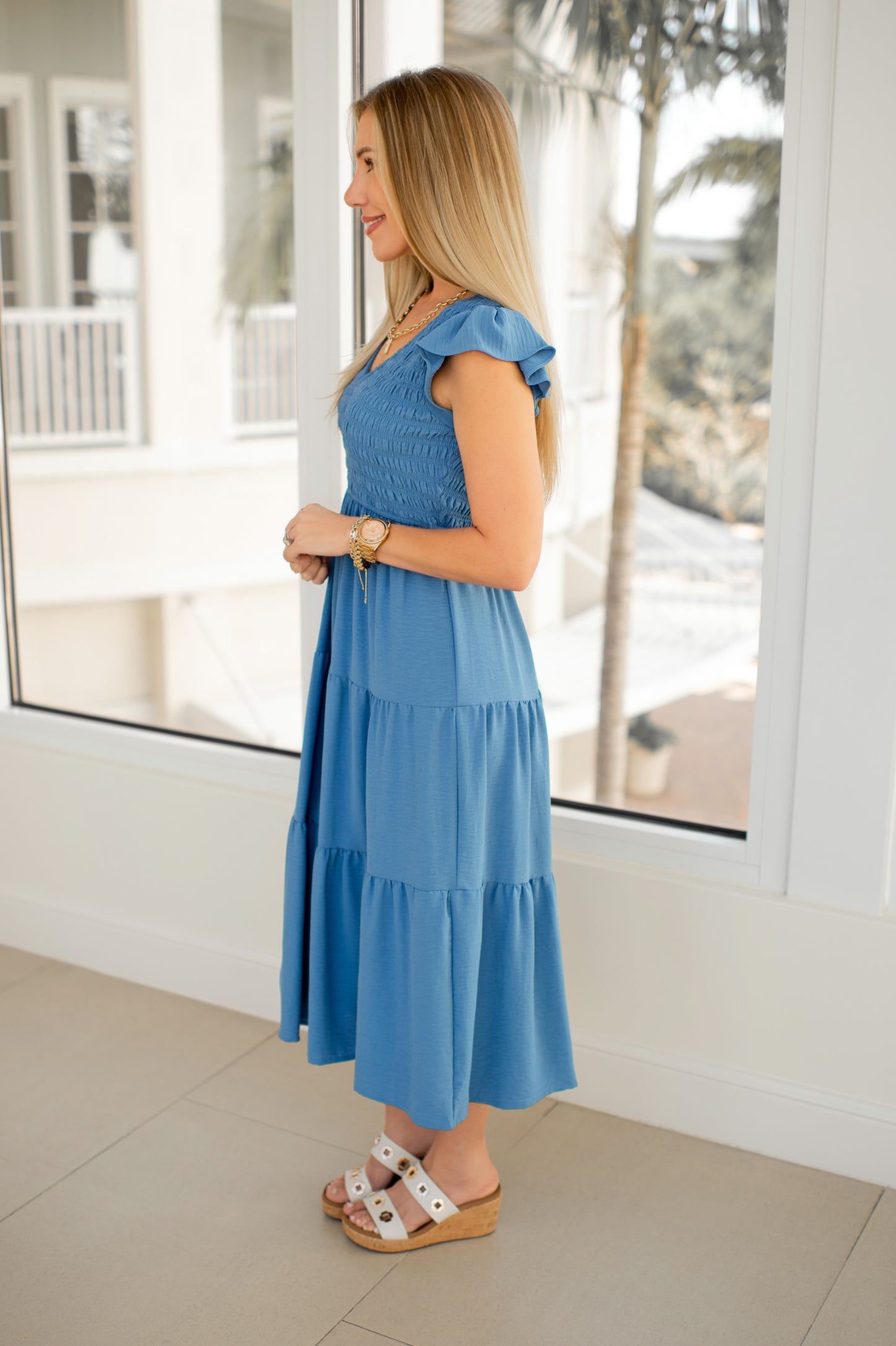 Ocean Blue Flutter Sleeve Midi Dress-240 Dresses- Simply Simpson's Boutique is a Women's Online Fashion Boutique Located in Jupiter, Florida