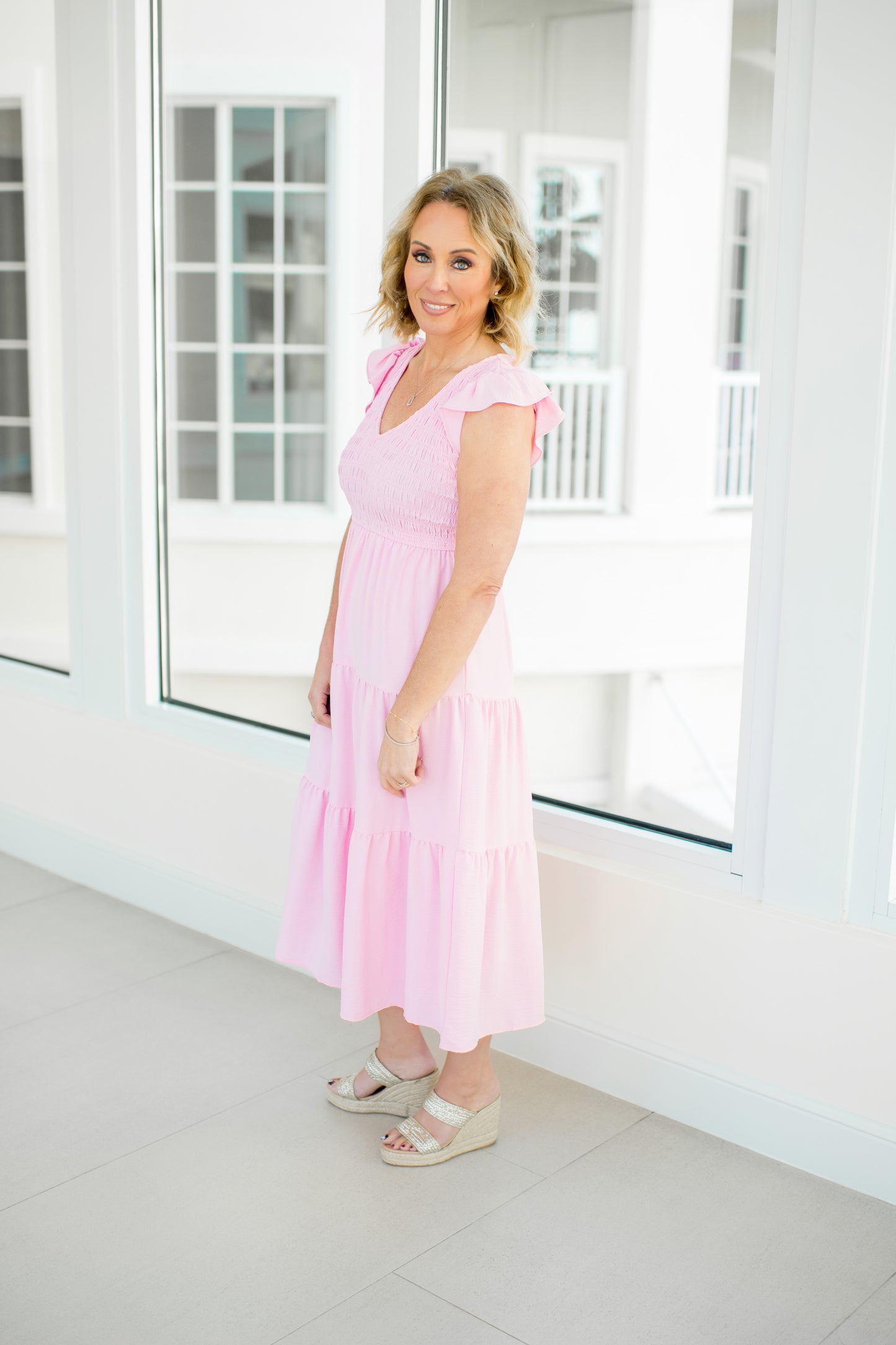 Light Pink Flutter Sleeve Midi Dress-240 Dresses- Simply Simpson's Boutique is a Women's Online Fashion Boutique Located in Jupiter, Florida
