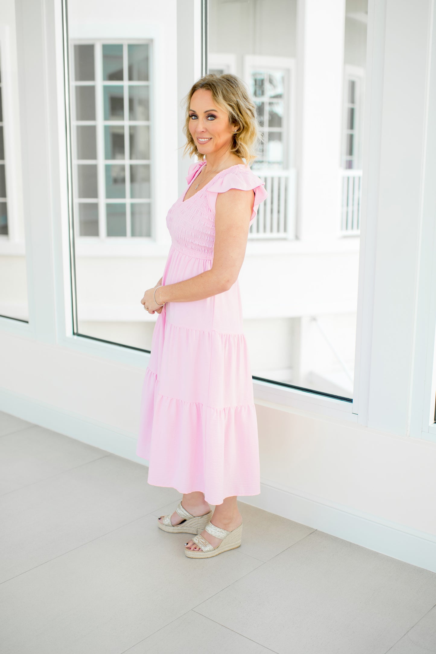 Light Pink Flutter Sleeve Midi Dress-240 Dresses- Simply Simpson's Boutique is a Women's Online Fashion Boutique Located in Jupiter, Florida