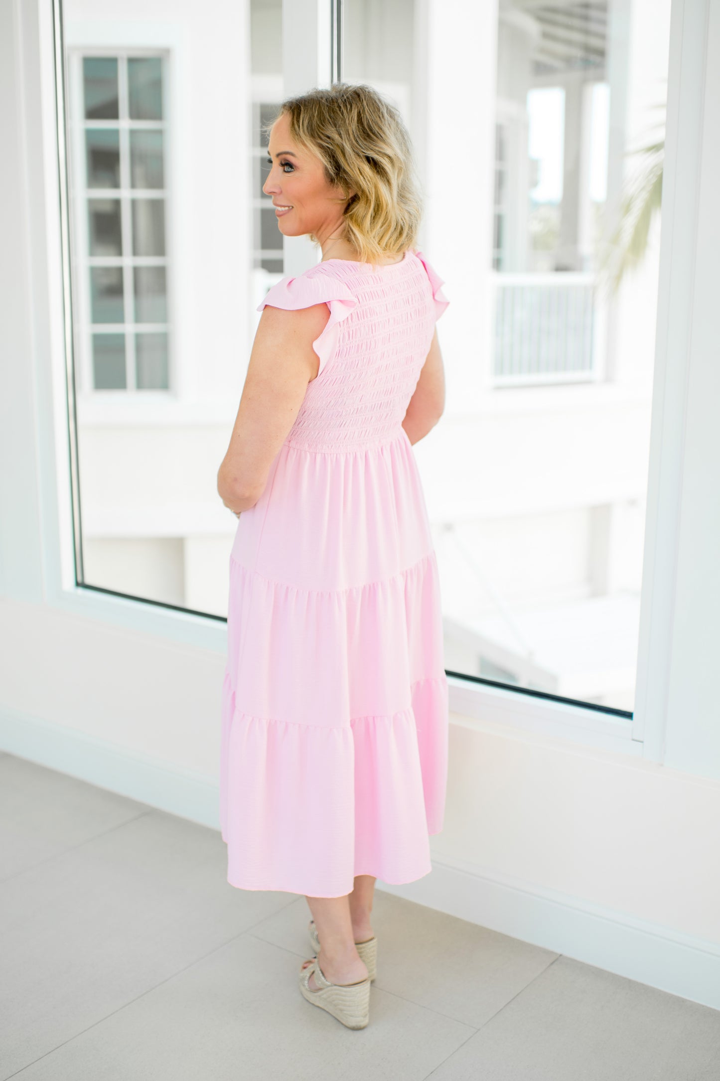 Light Pink Flutter Sleeve Midi Dress-240 Dresses- Simply Simpson's Boutique is a Women's Online Fashion Boutique Located in Jupiter, Florida