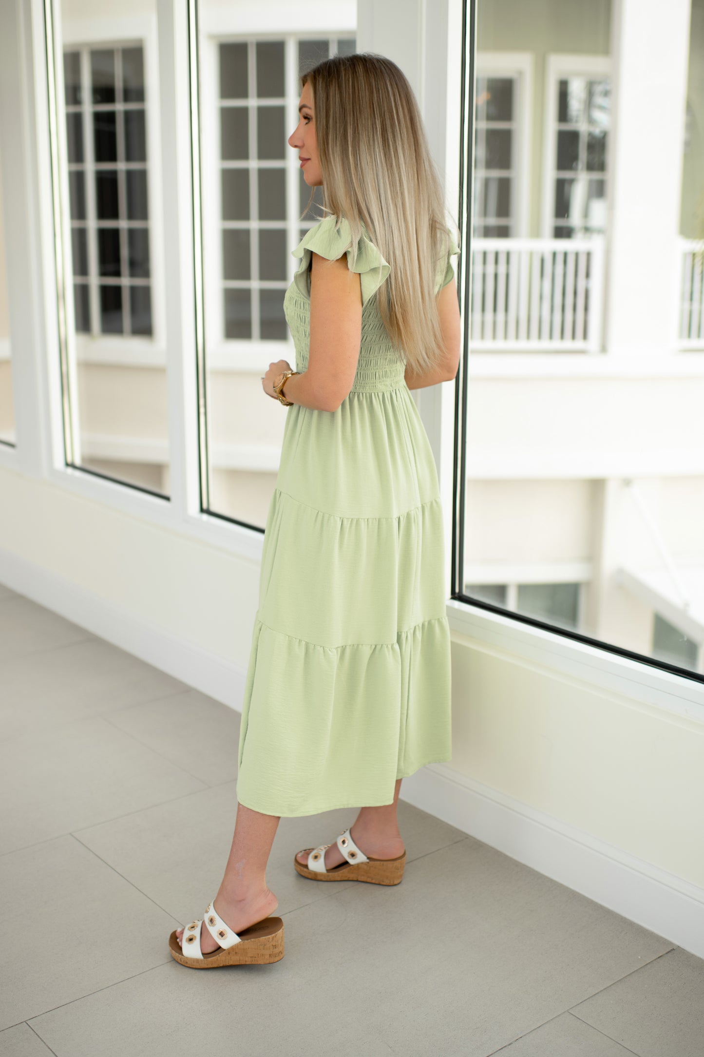 Spring Green Flutter Sleeve Midi Dress-240 Dresses- Simply Simpson's Boutique is a Women's Online Fashion Boutique Located in Jupiter, Florida