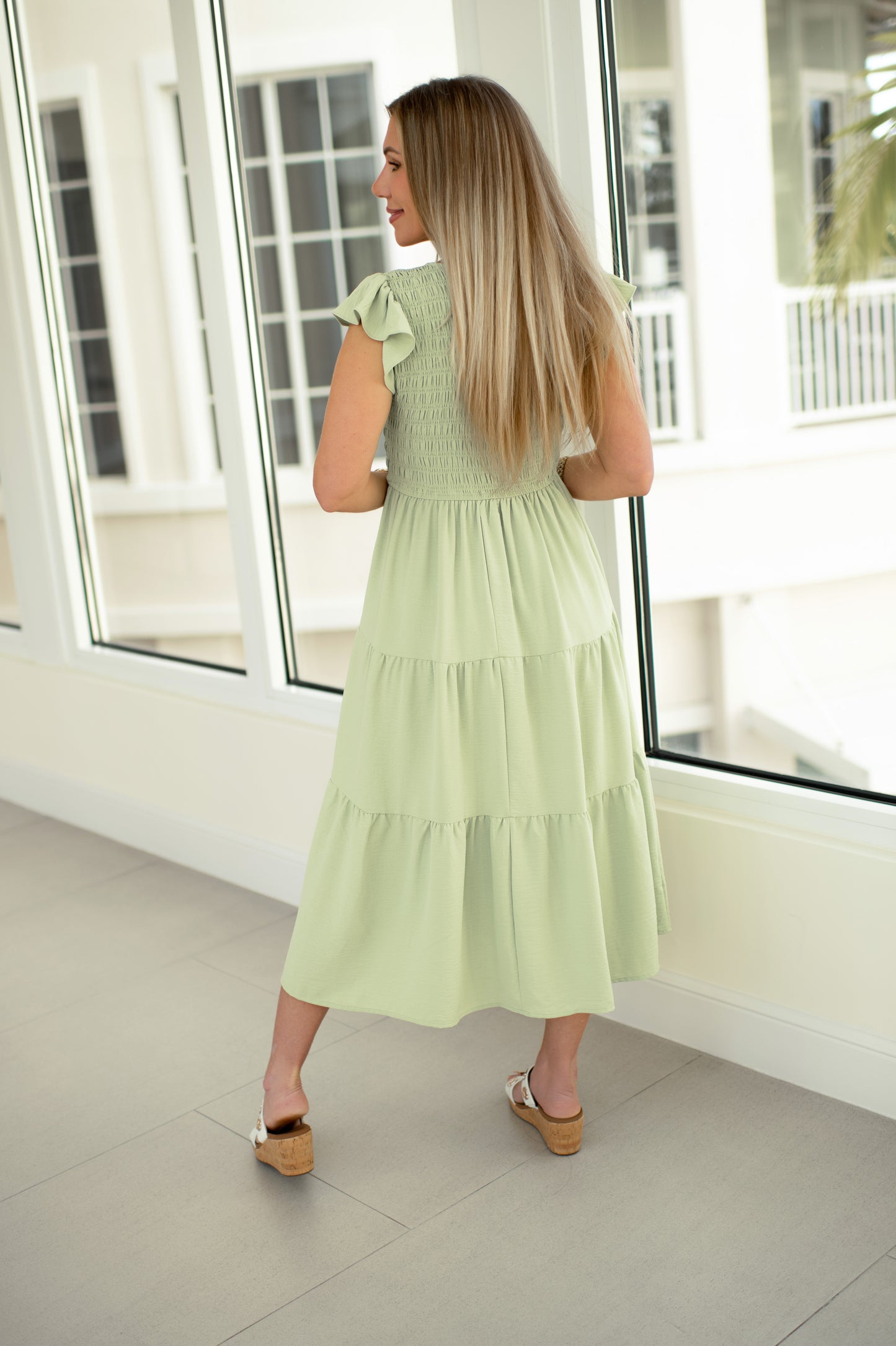 Spring Green Flutter Sleeve Midi Dress-240 Dresses- Simply Simpson's Boutique is a Women's Online Fashion Boutique Located in Jupiter, Florida
