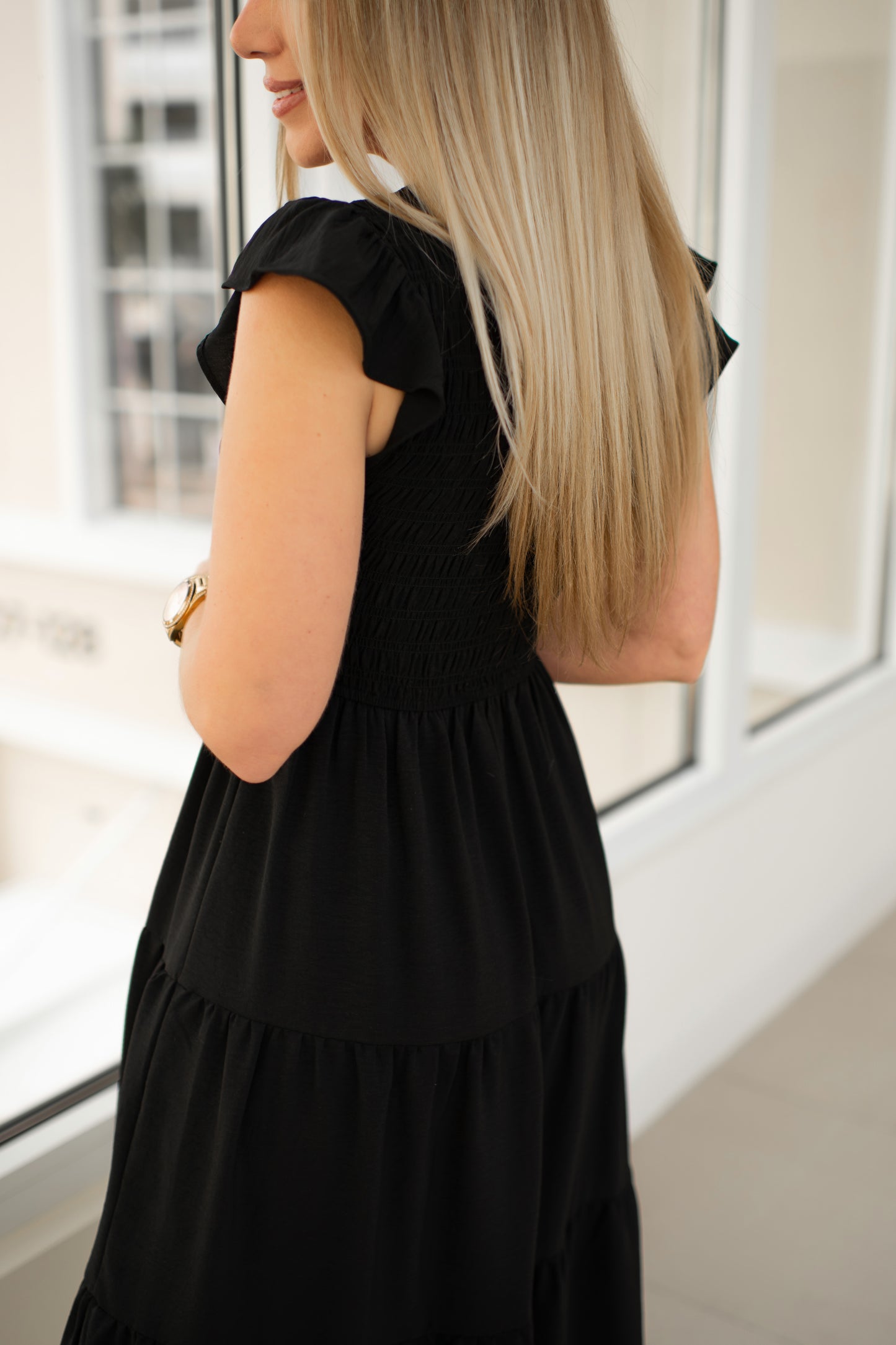 Black Flutter Sleeve Midi Dress-240 Dresses- Simply Simpson's Boutique is a Women's Online Fashion Boutique Located in Jupiter, Florida