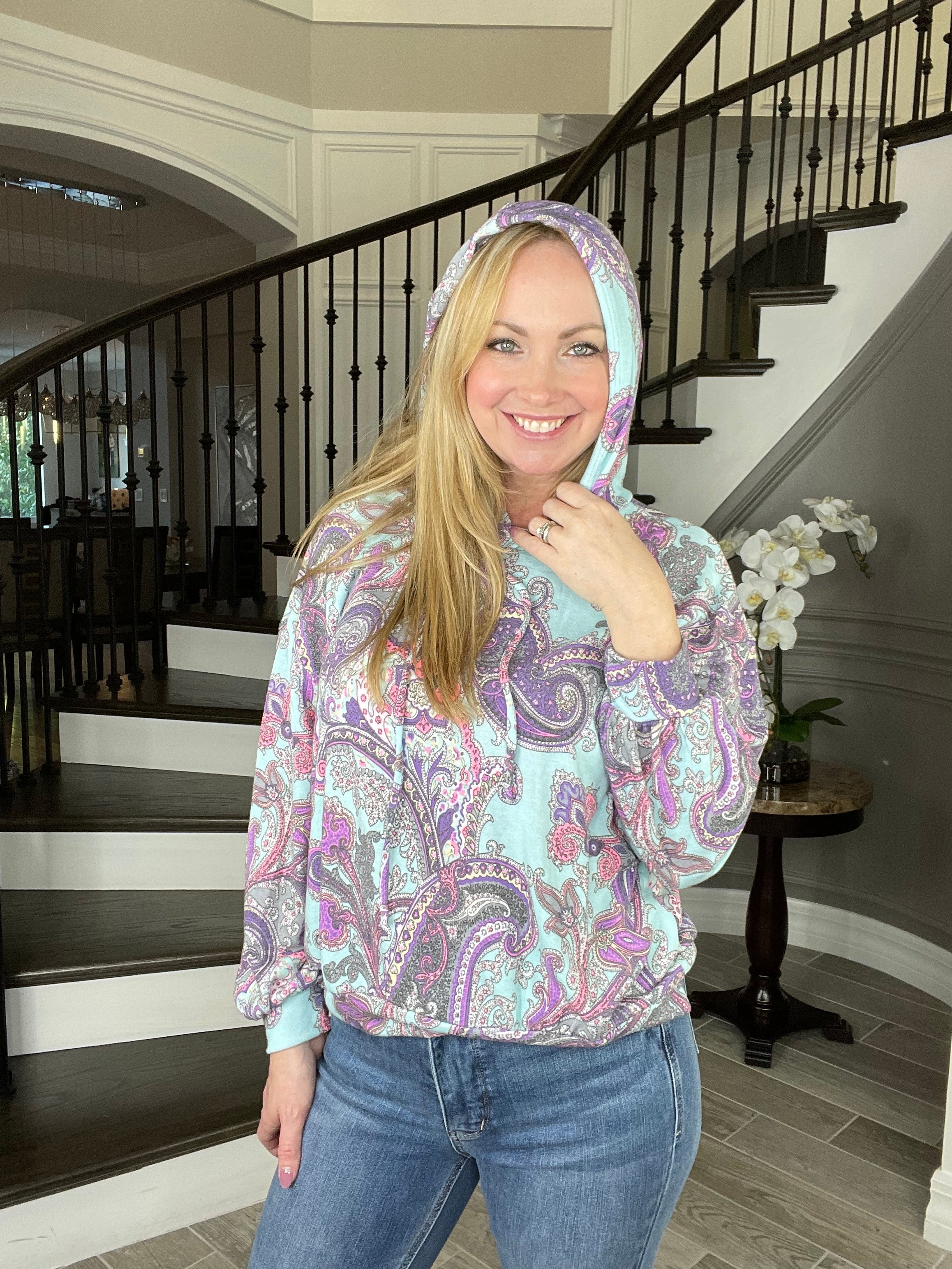 Dear Scarlett Mint Paisley Hoodie-180 Outerwear- Simply Simpson's Boutique is a Women's Online Fashion Boutique Located in Jupiter, Florida