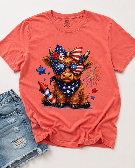 Preorder Coral Patriotic Highland Cow Graphic Tee-140 Graphic Tees- Simply Simpson's Boutique is a Women's Online Fashion Boutique Located in Jupiter, Florida
