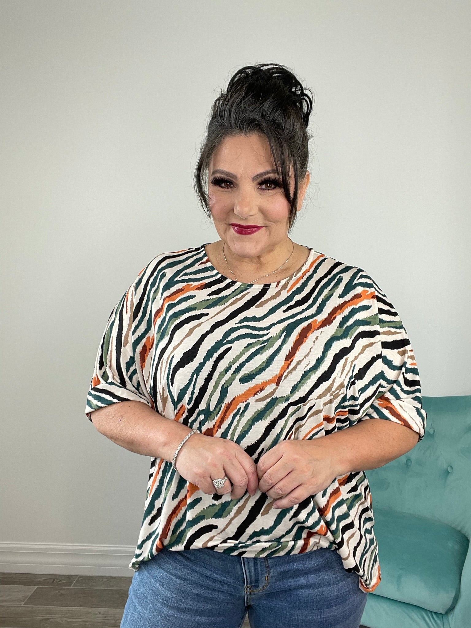 Dear Scarlett Beige Multi Zebra Print Boyfriend Top-110 Long Sleeves- Simply Simpson's Boutique is a Women's Online Fashion Boutique Located in Jupiter, Florida