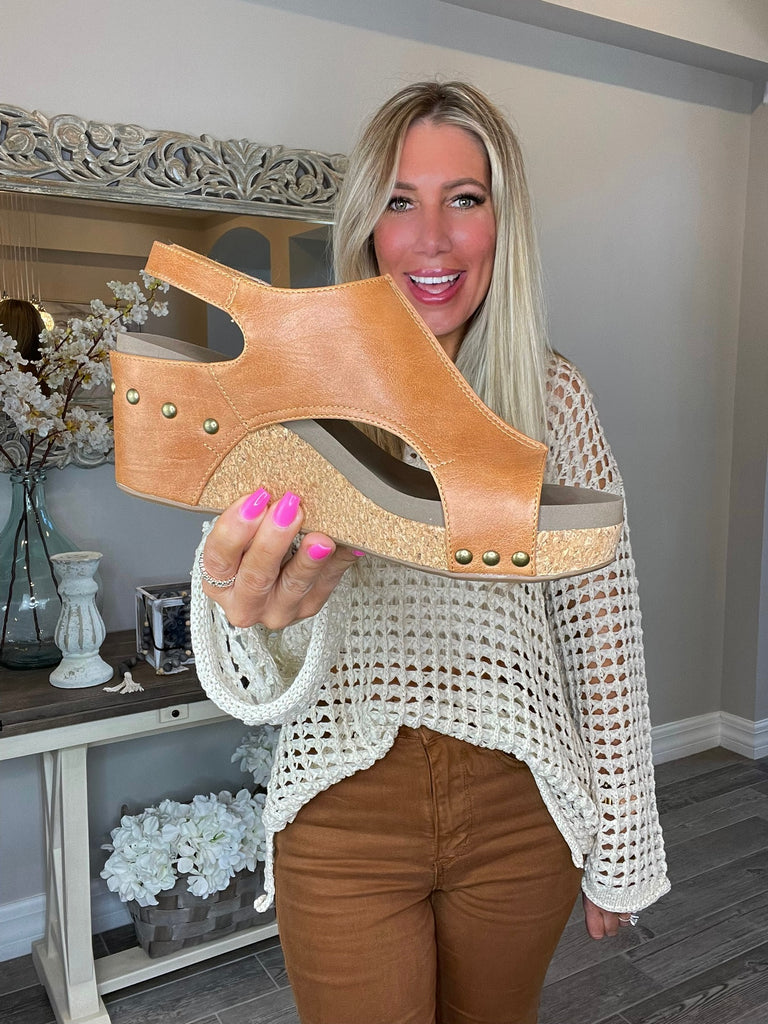 Corky’s Smooth Cognac Carley Wedge-260 Shoes- Simply Simpson's Boutique is a Women's Online Fashion Boutique Located in Jupiter, Florida