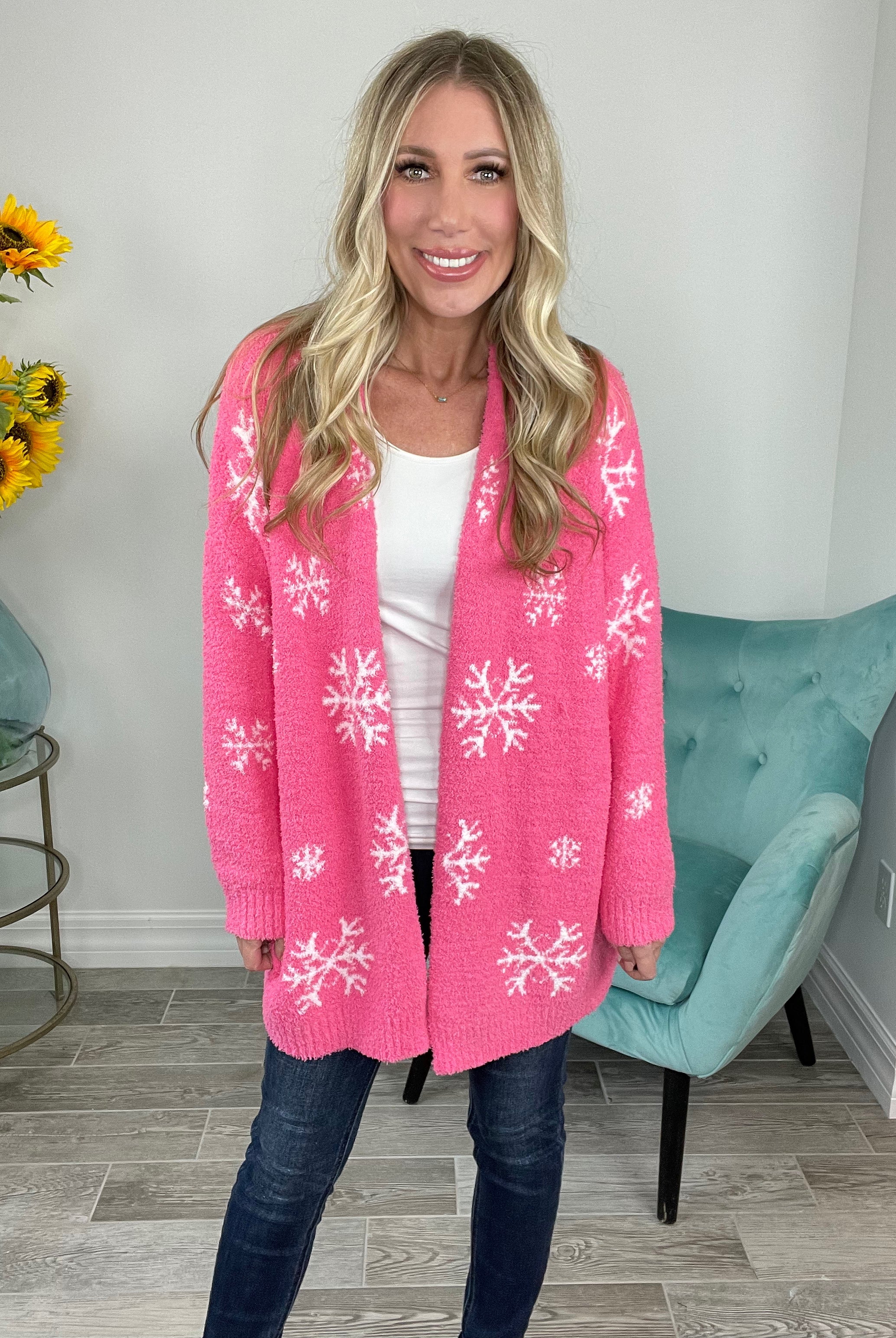 Pink Snowflake Reversible Cloud Cardigan-170 Cardigans- Simply Simpson's Boutique is a Women's Online Fashion Boutique Located in Jupiter, Florida