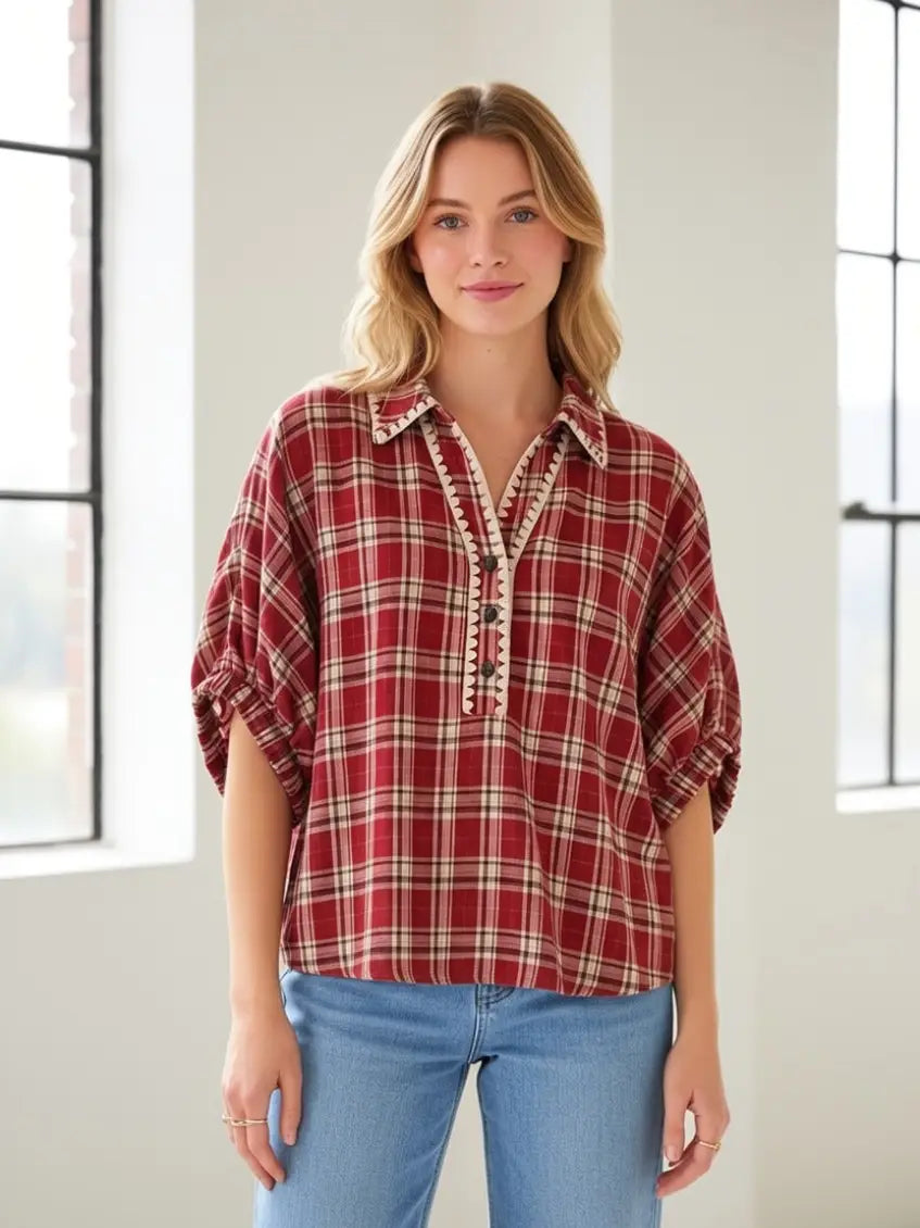 Holly Berry Plaid Blouse-100 Short Sleeves- Simply Simpson's Boutique is a Women's Online Fashion Boutique Located in Jupiter, Florida