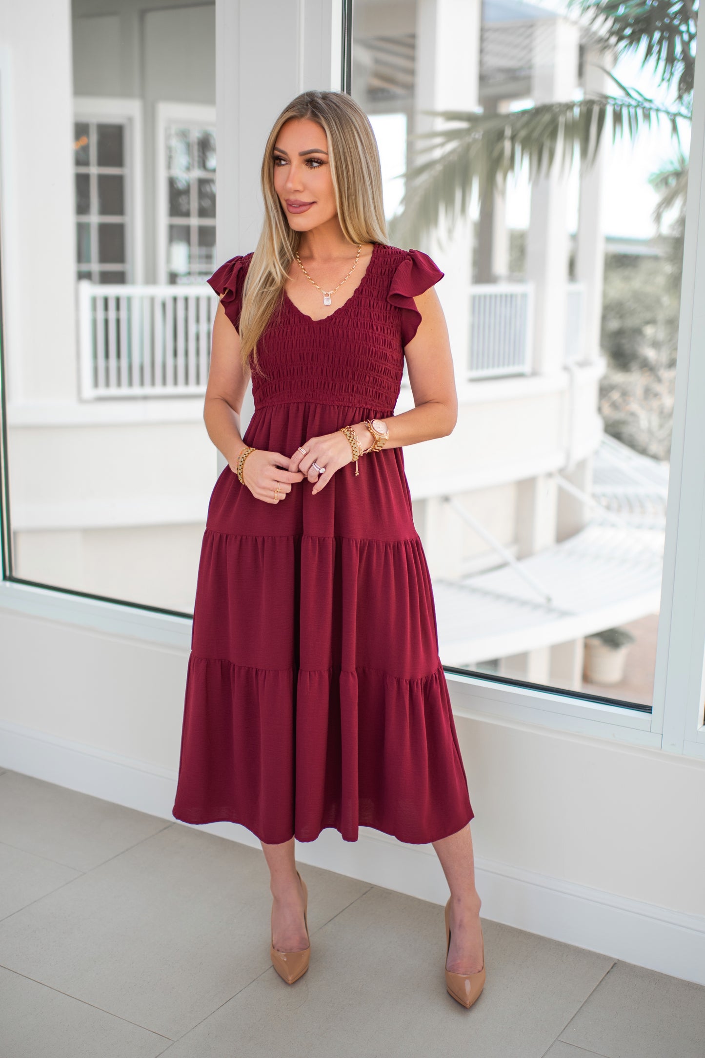 Burgundy Flutter Sleeve Midi Dress-240 Dresses- Simply Simpson's Boutique is a Women's Online Fashion Boutique Located in Jupiter, Florida