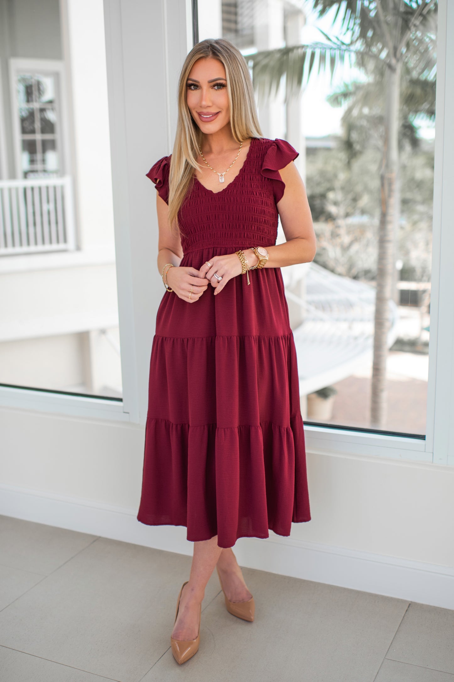 Burgundy Flutter Sleeve Midi Dress-240 Dresses- Simply Simpson's Boutique is a Women's Online Fashion Boutique Located in Jupiter, Florida