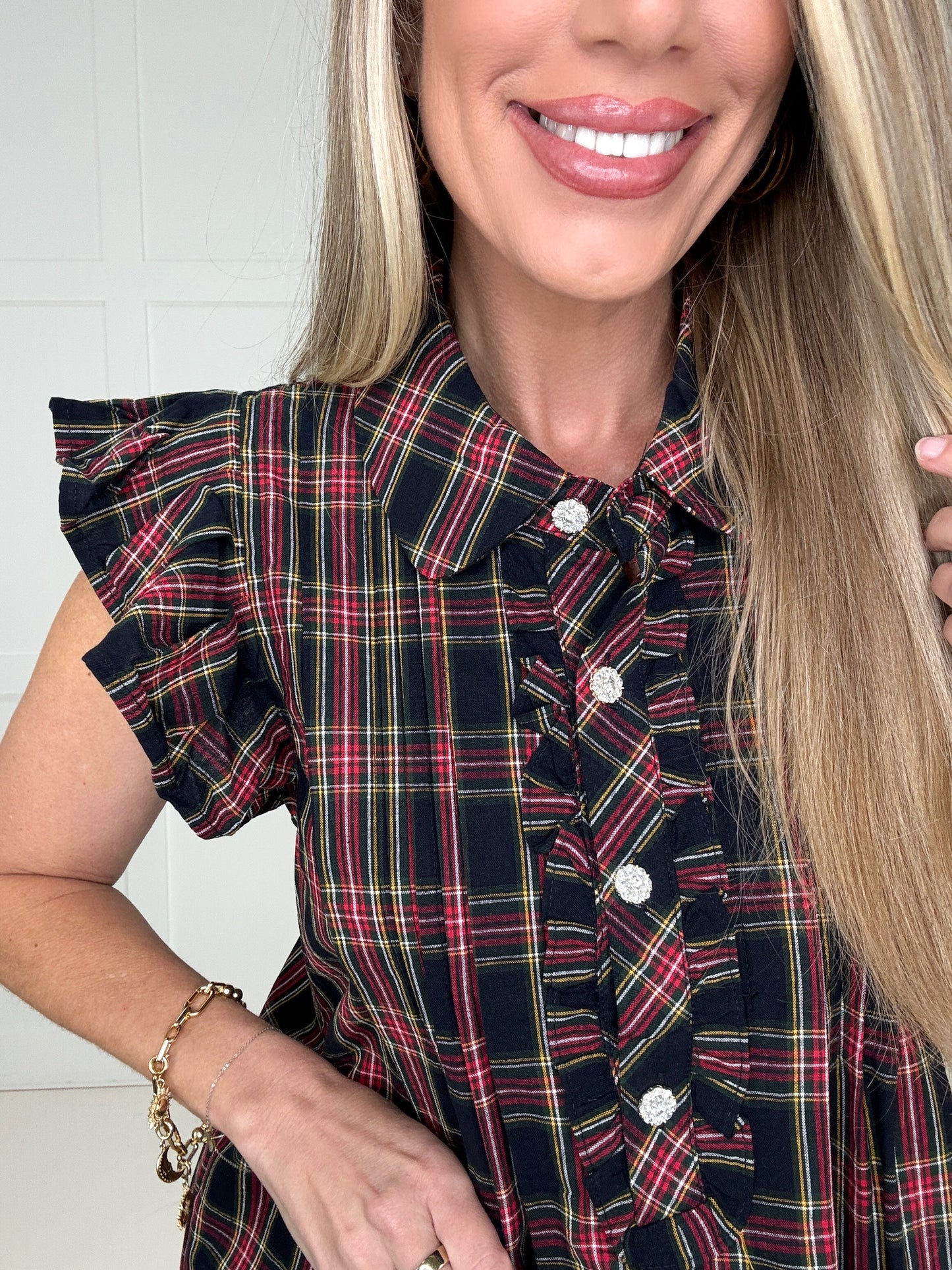 Black Festive Flair Plaid Top-100 Short Sleeves- Simply Simpson's Boutique is a Women's Online Fashion Boutique Located in Jupiter, Florida