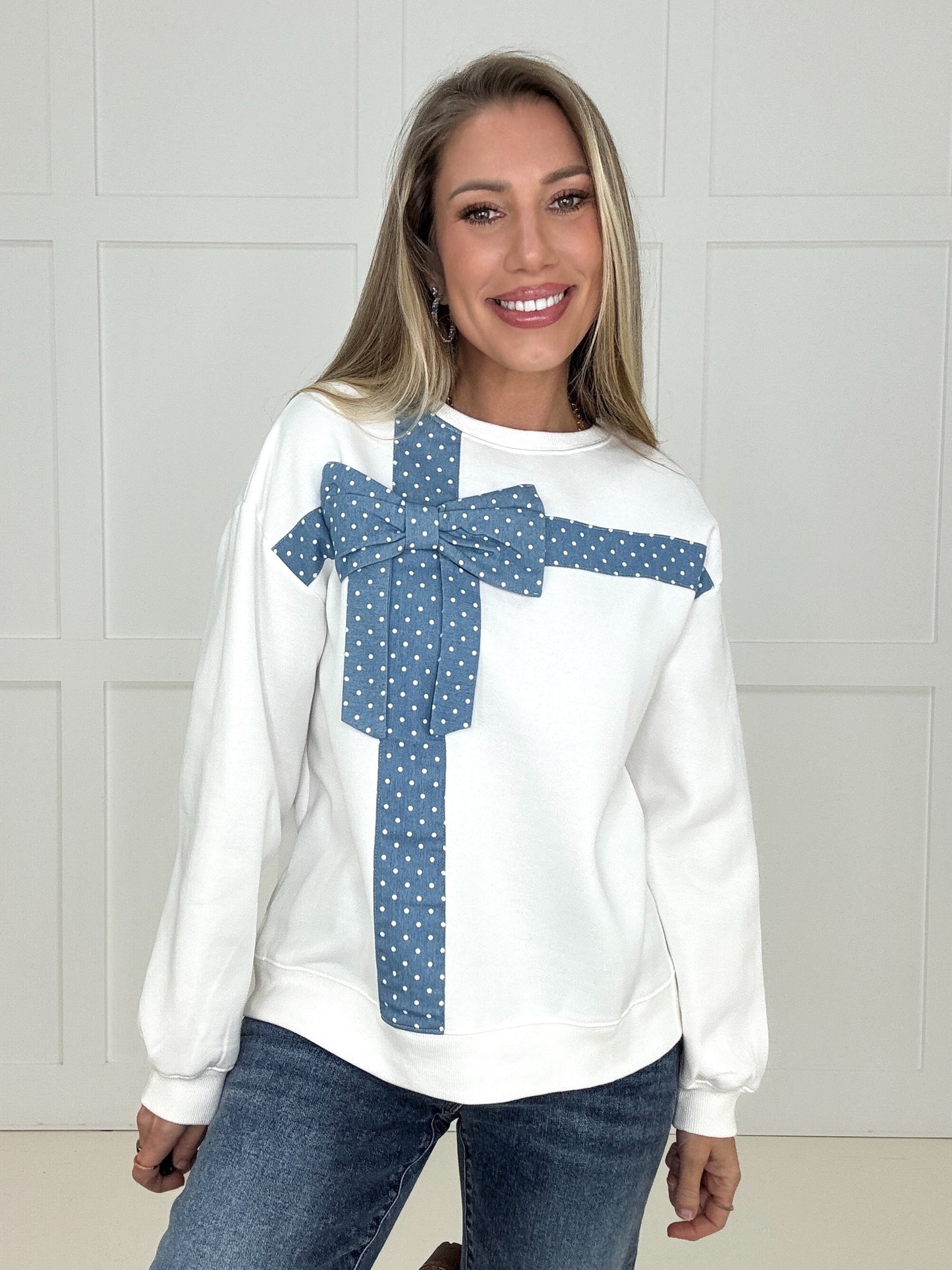 Dottie Denim Bow Sweatshirt-160 Sweatshirts- Simply Simpson's Boutique is a Women's Online Fashion Boutique Located in Jupiter, Florida