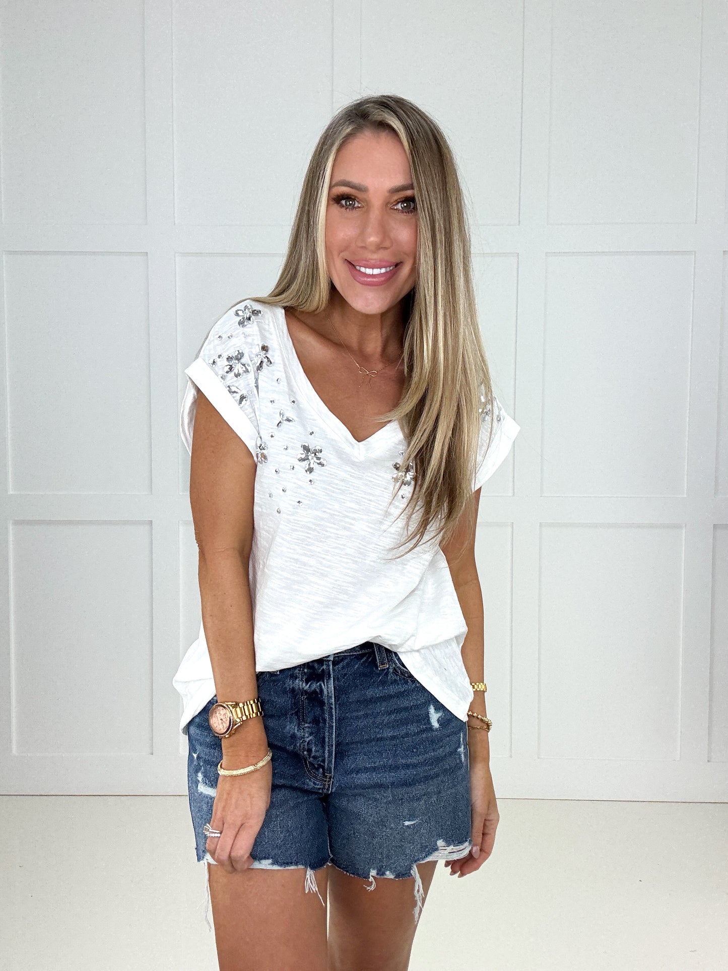 Kendall Rhinestone V Neck Top-100 Short Sleeves- Simply Simpson's Boutique is a Women's Online Fashion Boutique Located in Jupiter, Florida