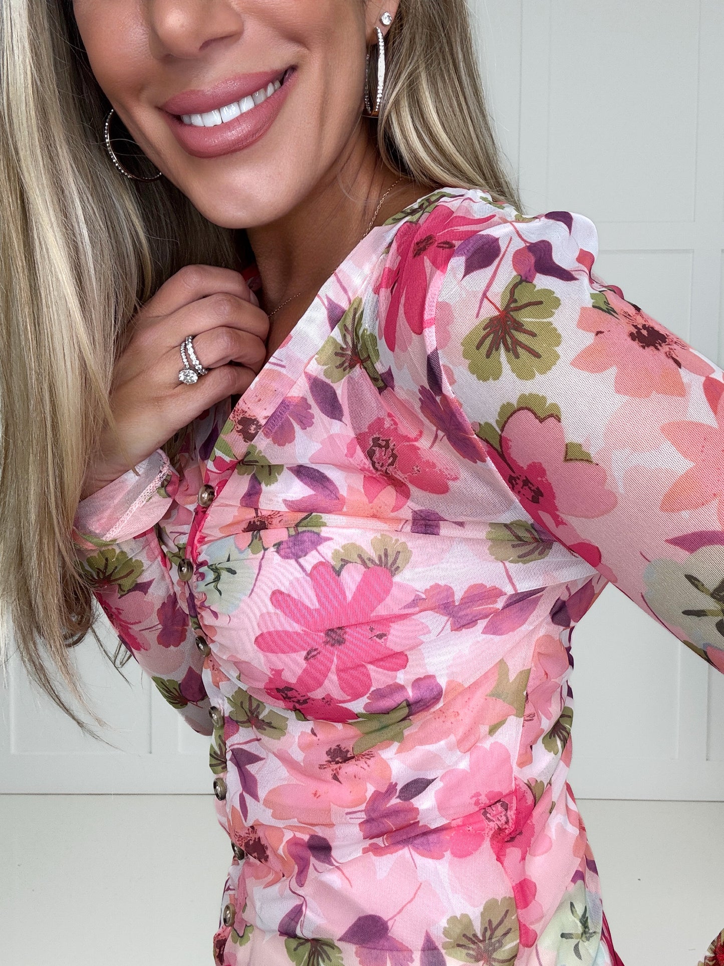 Meadow Floral Button Up Mesh Top-110 Long Sleeves- Simply Simpson's Boutique is a Women's Online Fashion Boutique Located in Jupiter, Florida