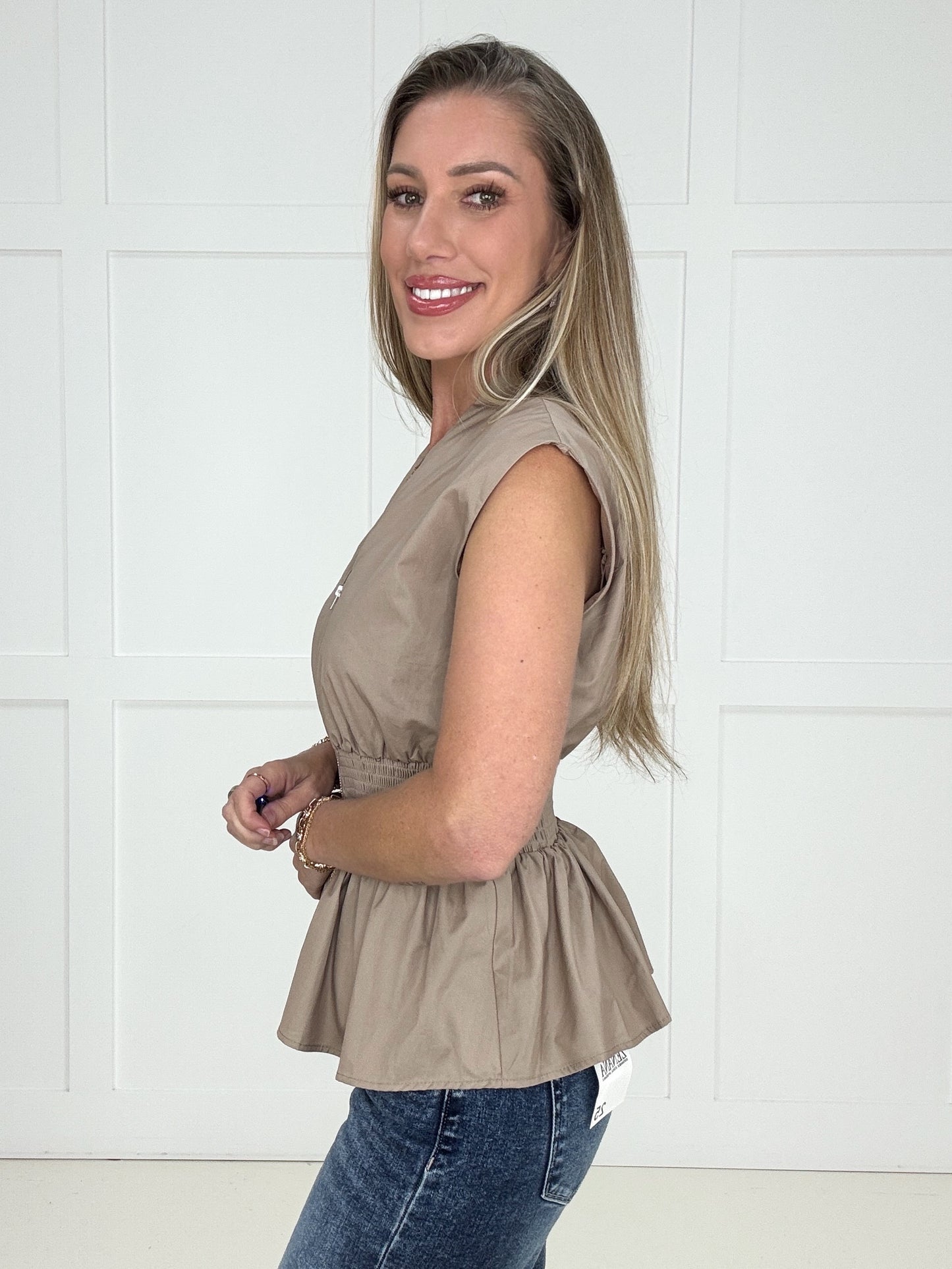Taupe Zip & Flare Top-100 Short Sleeves- Simply Simpson's Boutique is a Women's Online Fashion Boutique Located in Jupiter, Florida