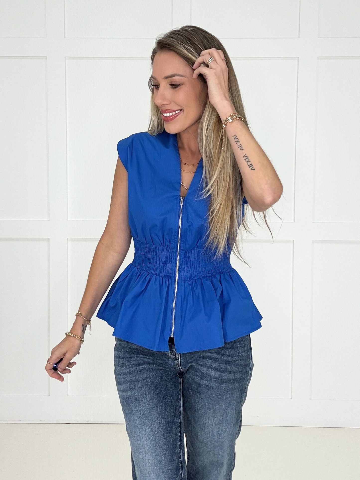 Blue Zip & Flare Top-100 Short Sleeves- Simply Simpson's Boutique is a Women's Online Fashion Boutique Located in Jupiter, Florida