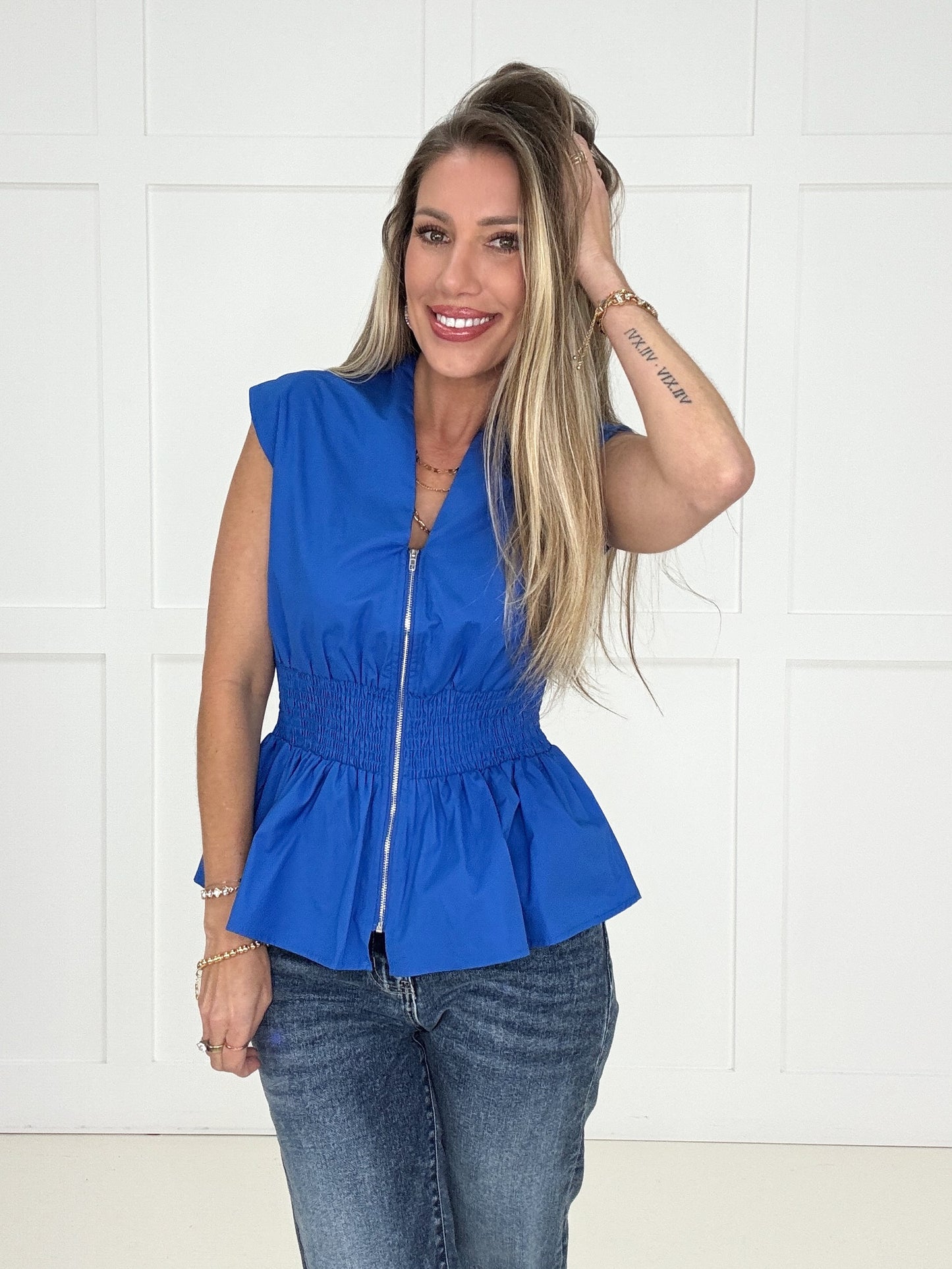 Blue Zip & Flare Top-100 Short Sleeves- Simply Simpson's Boutique is a Women's Online Fashion Boutique Located in Jupiter, Florida