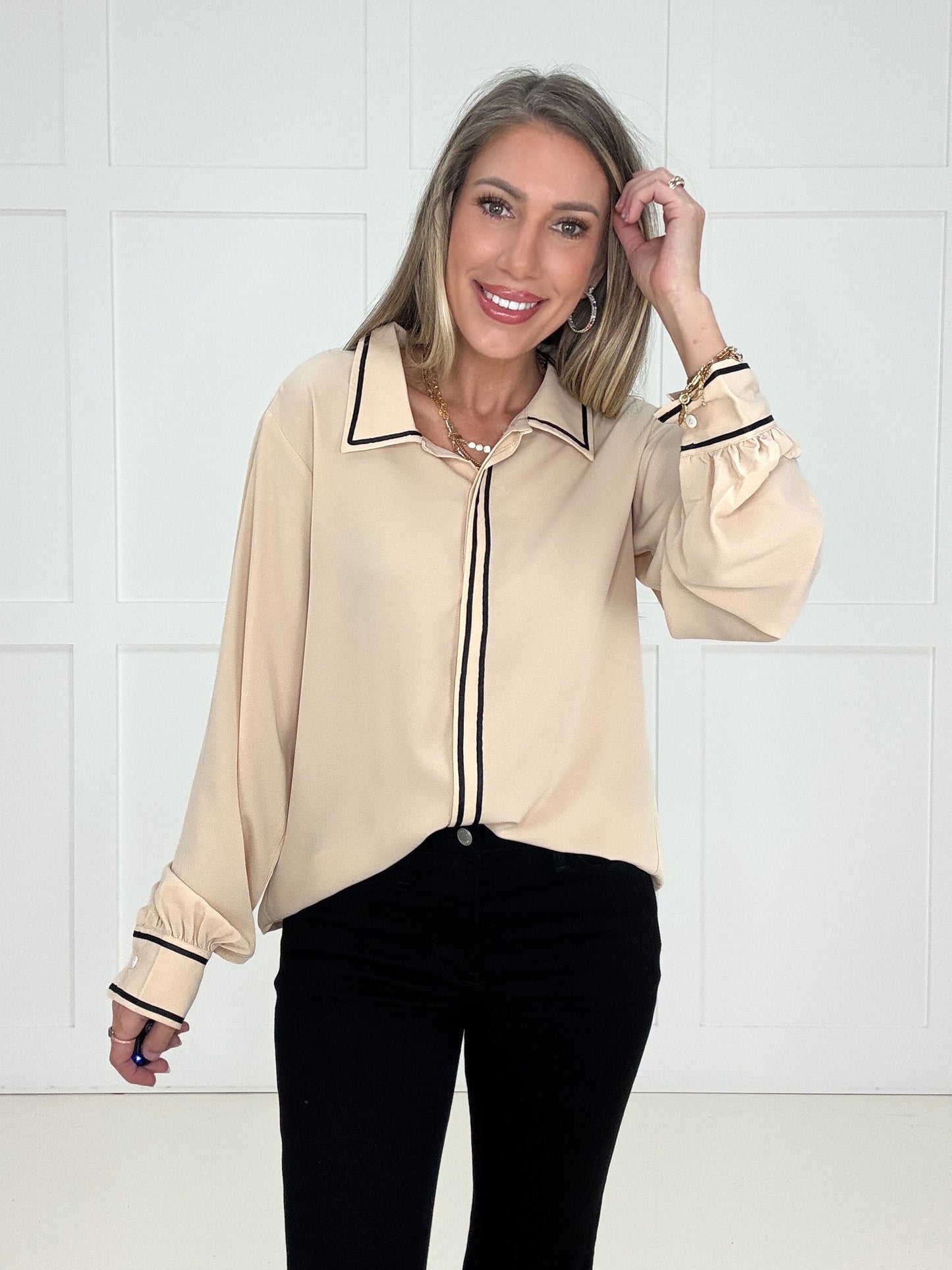 The Champagne Blouse-110 Long Sleeves- Simply Simpson's Boutique is a Women's Online Fashion Boutique Located in Jupiter, Florida
