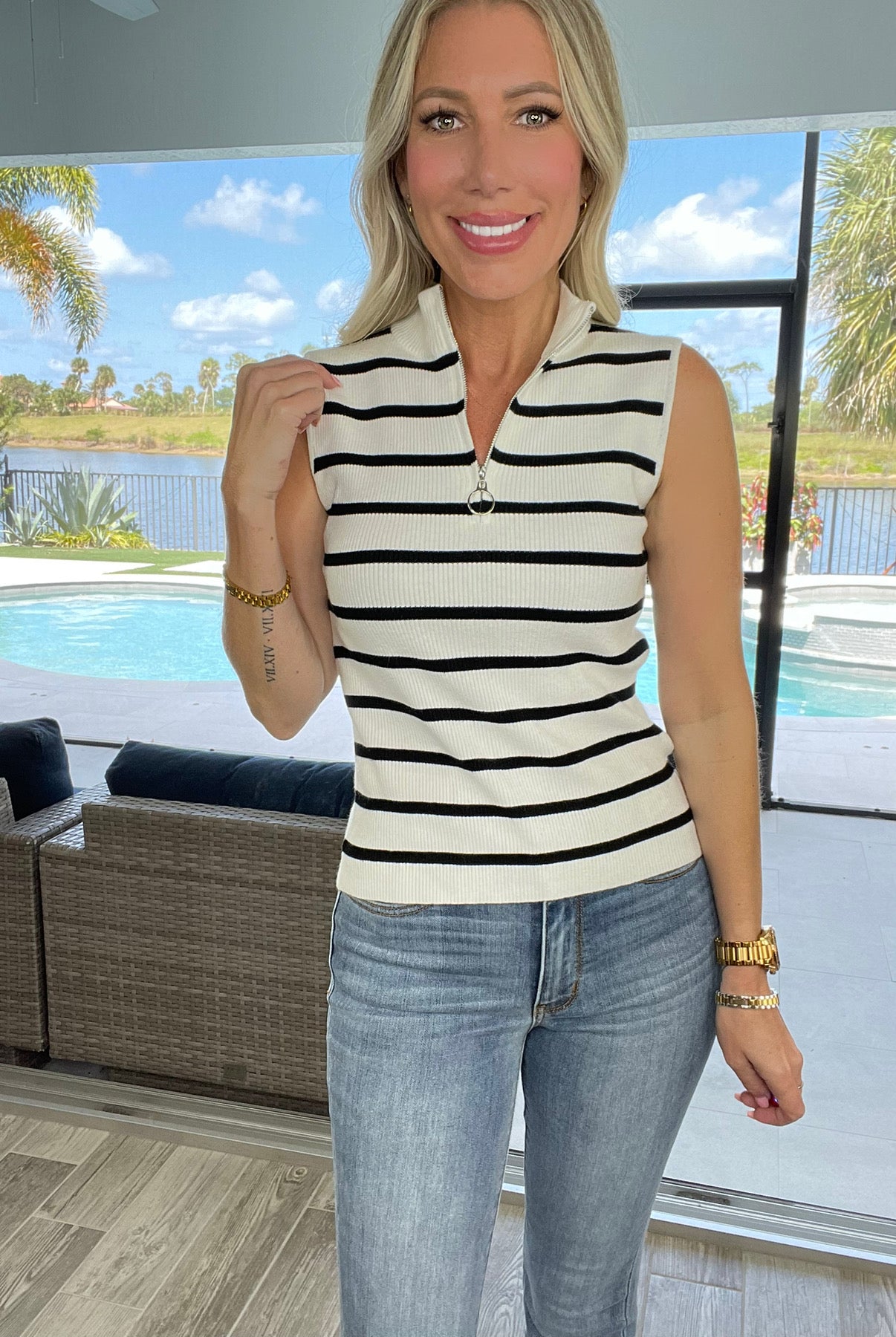 Palm Island Striped Sleeveless Zip Up Top-120 Sleeveless- Simply Simpson's Boutique is a Women's Online Fashion Boutique Located in Jupiter, Florida