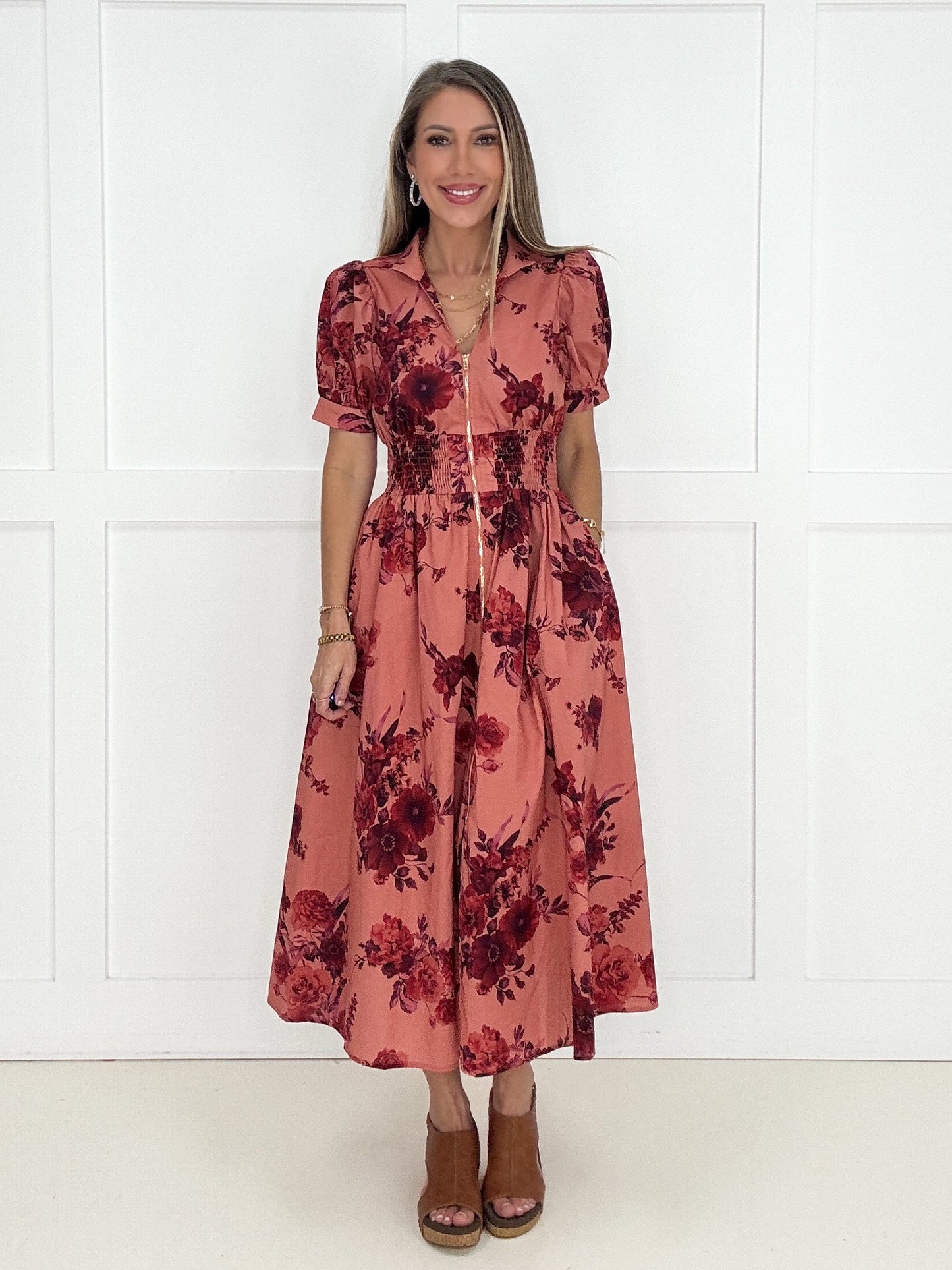 Coral Floral Affair Zip-Front Midi Dress-240 Dresses- Simply Simpson's Boutique is a Women's Online Fashion Boutique Located in Jupiter, Florida