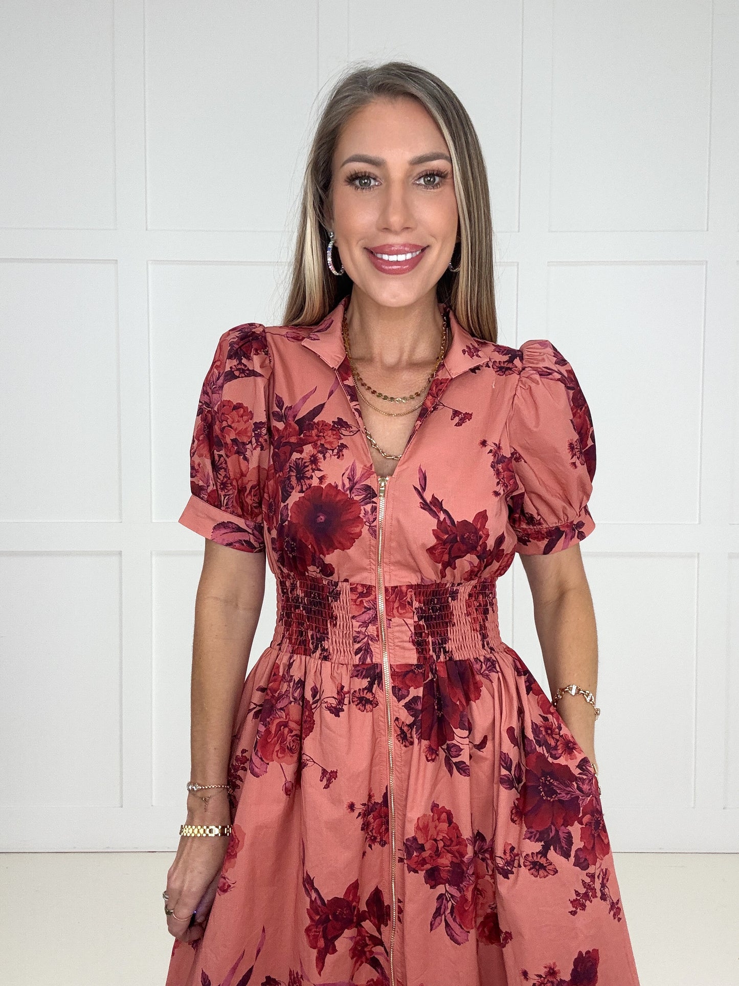 Coral Floral Affair Zip-Front Midi Dress-240 Dresses- Simply Simpson's Boutique is a Women's Online Fashion Boutique Located in Jupiter, Florida
