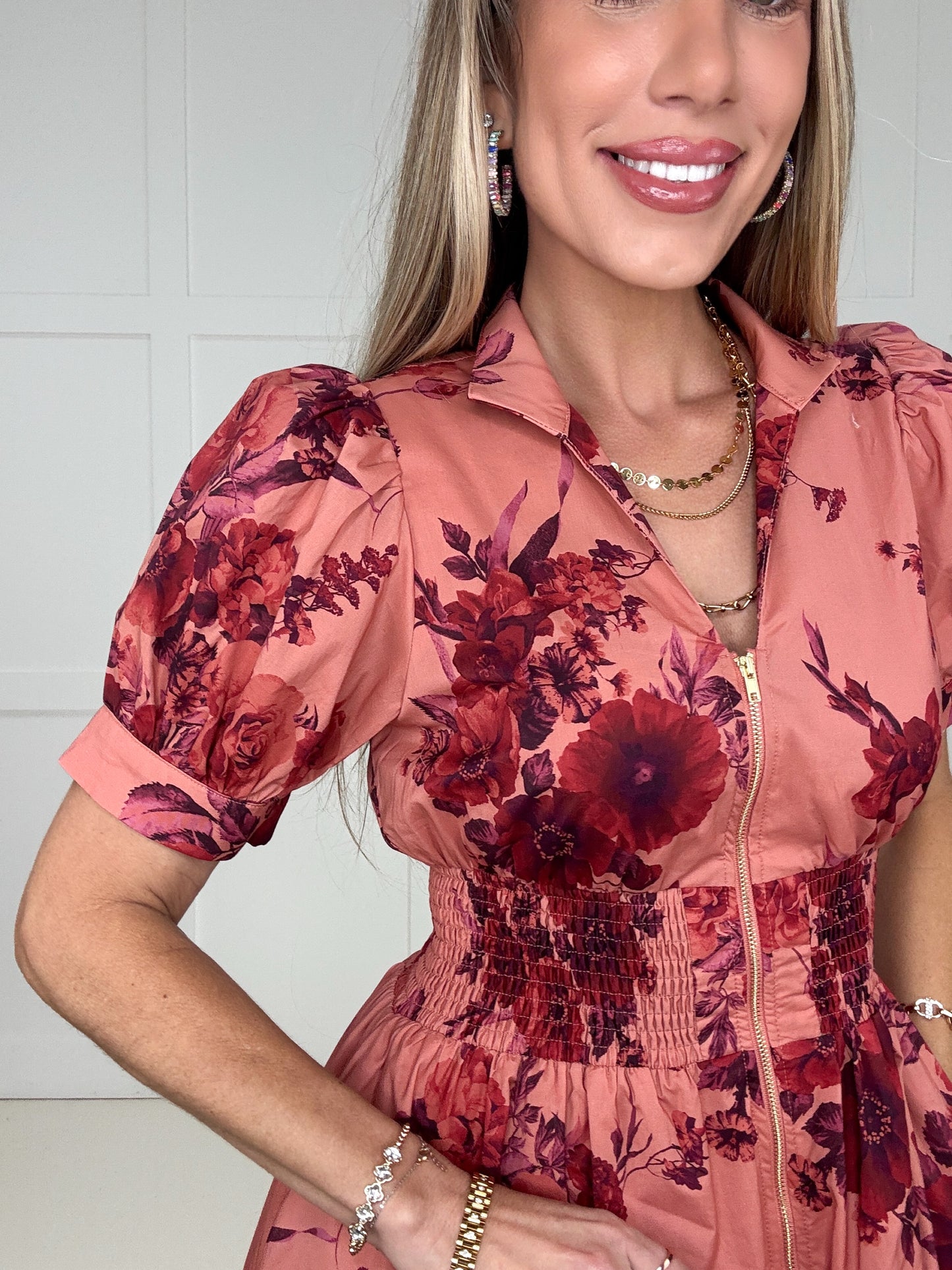 Coral Floral Affair Zip-Front Midi Dress-240 Dresses- Simply Simpson's Boutique is a Women's Online Fashion Boutique Located in Jupiter, Florida